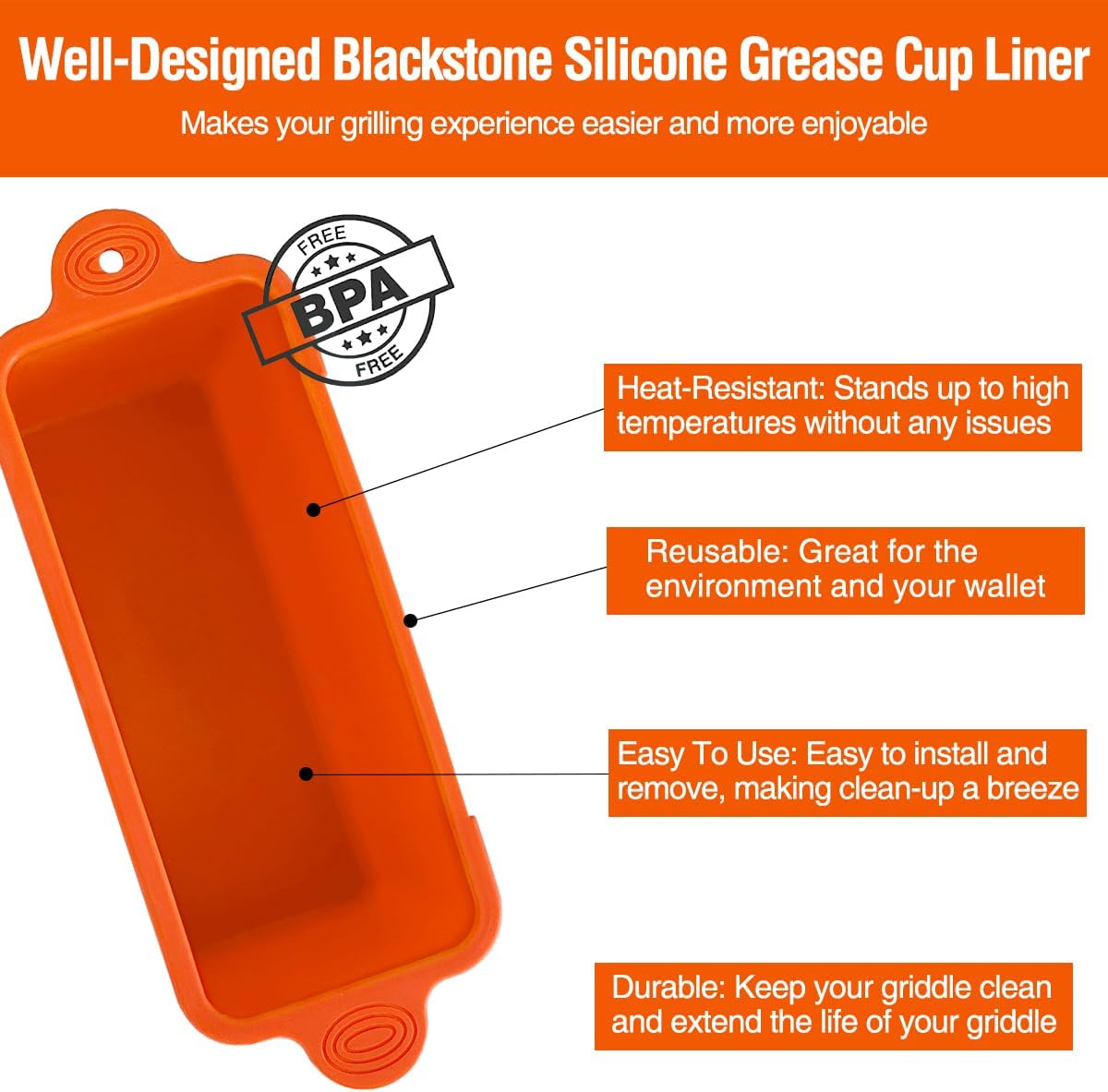 2 Pack Blackstone Silicone Grease Cup Liners for 36 28 22 17 Inch Griddle, Reusable Catcher Liner Grill Tray Blackstone Accessories, Replacement of Aluminum Foil Drip Pans, Orange - Image 7