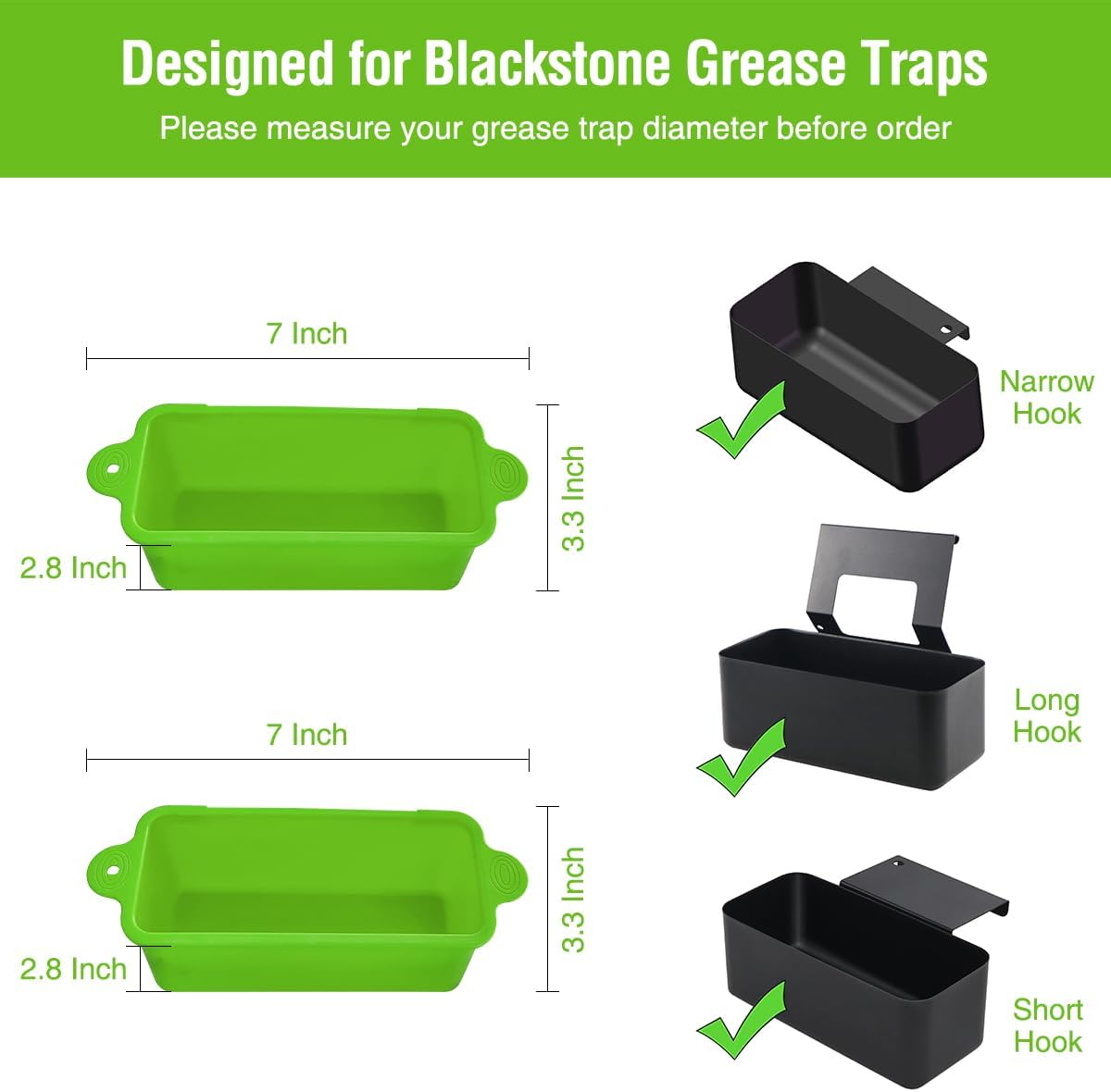 2 Pack Blackstone Silicone Grease Cup Liners for 36 28 22 17 Inch Griddle, Reusable Grease Catcher Liner Grill Grease Tray Blackstone Accessories, Replacement of Aluminum Foil Drip Pans, Green - Image 2