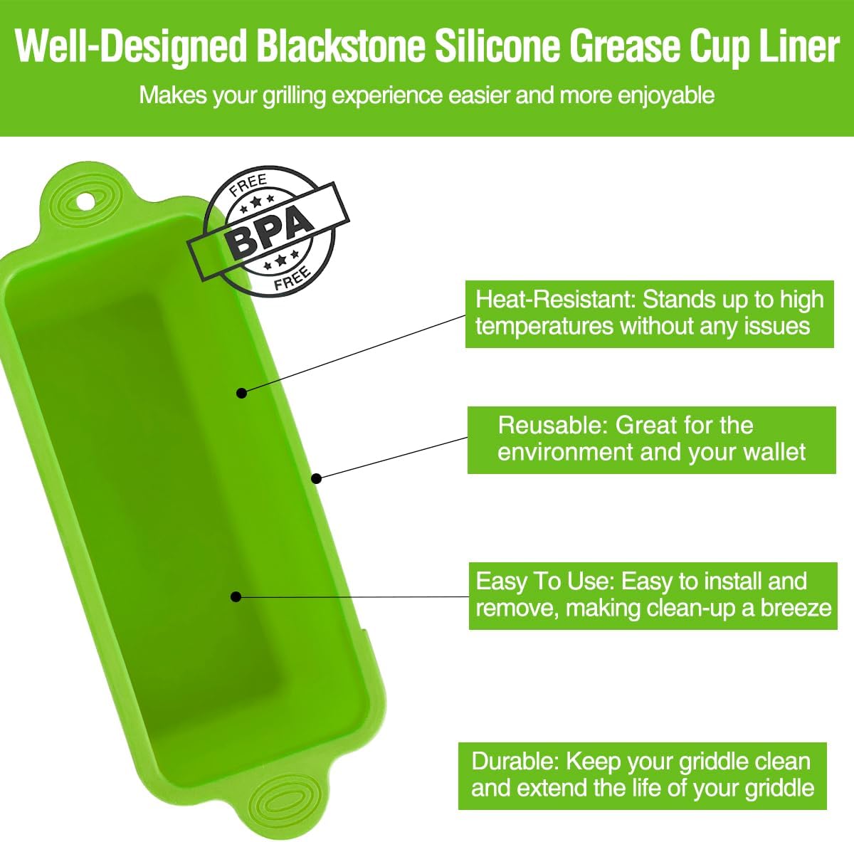 2 Pack Blackstone Silicone Grease Cup Liners for 36 28 22 17 Inch Griddle, Reusable Grease Catcher Liner Grill Grease Tray Blackstone Accessories, Replacement of Aluminum Foil Drip Pans, Green - Image 7