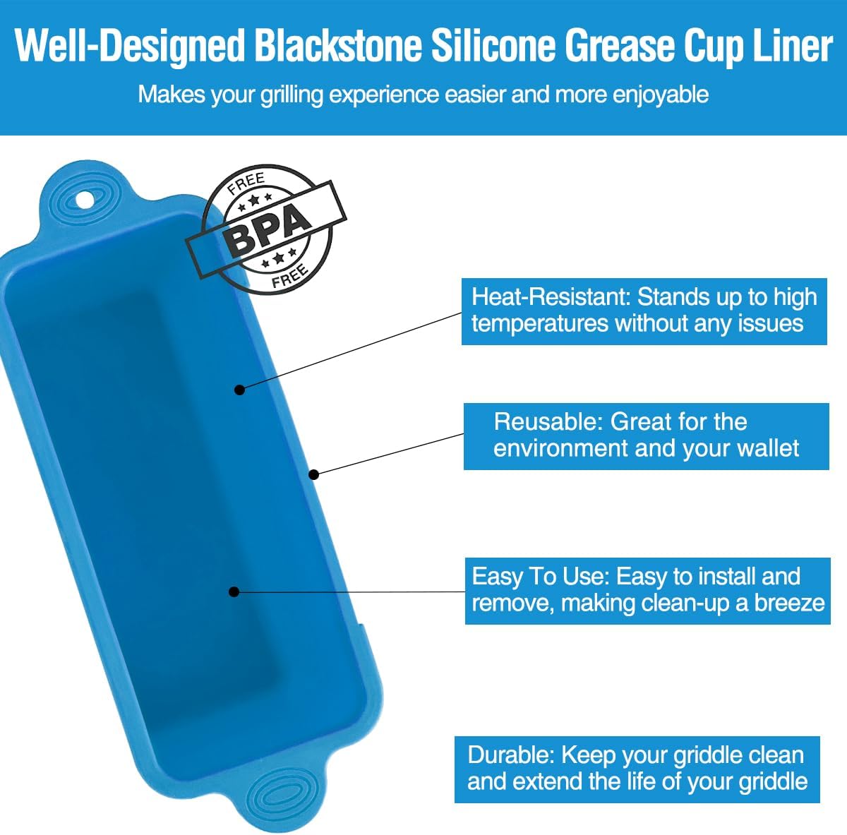 2 Pack Blackstone Silicone Grease Cup Liners for 36 28 22 17 Inch Griddle, Reusable Grease Catcher Liner Grill Grease Tray Blackstone Accessories, Replacement of Aluminum Foil Drip Pans, Blue - Image 7