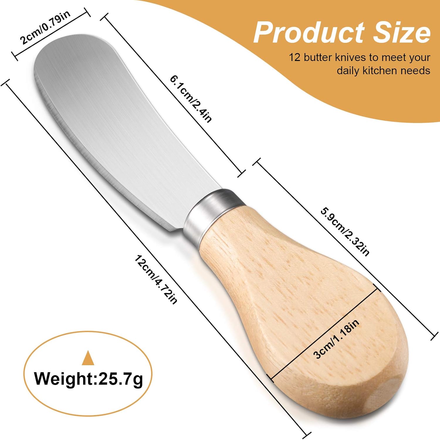 12 Pcs Cheese Spreader Knives Butter Knife Bulk Stainless Steel Butter Spreader Knives with Wooden Handle, Cheese Cake Condiment Knife Set for Sandwich, Cream, Charcuterie, Pastry, 4.7 Inch - Image 3