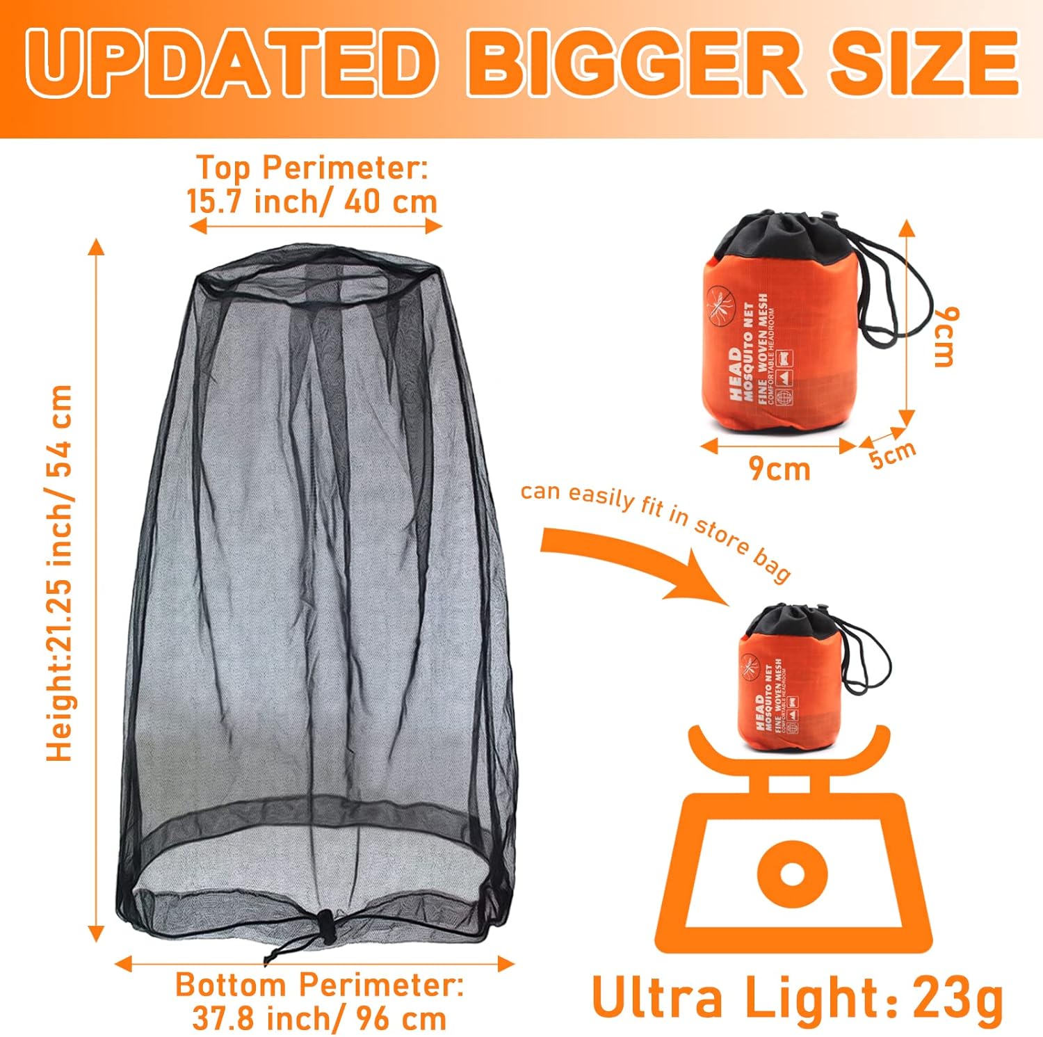 Mosquito Head Net Mesh, Face Neck Fly Netting Hood from Bugs Gnats Noseeums Screen Net for Any Outdoor Lover- with Carry Bags Fits Most Sizes of Hats Caps (2pcs, Black, Updated Big Net) - Image 2