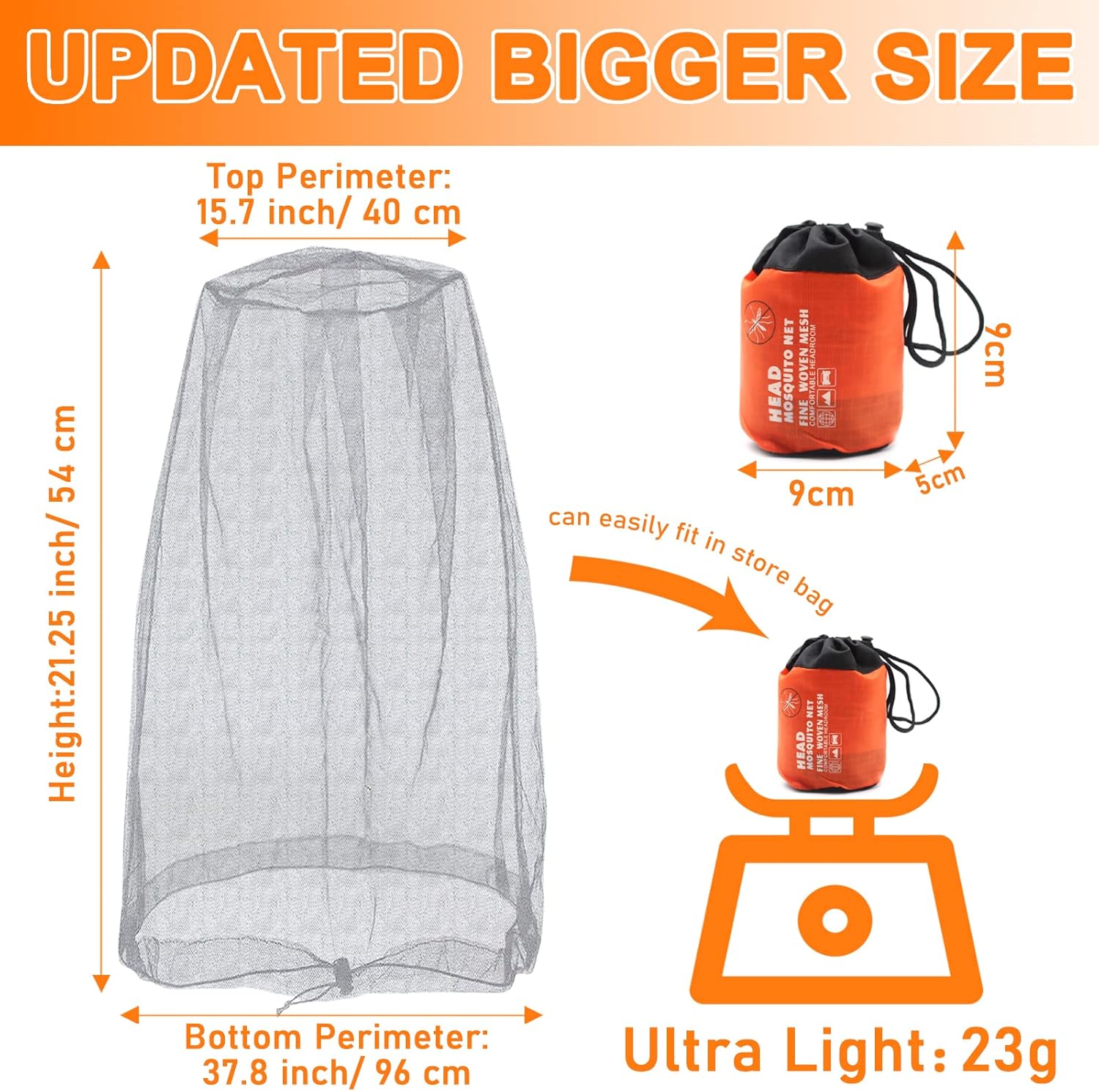 Mosquito Head Net Mesh, Face Neck Fly Netting Hood from Bugs Gnats Noseeums Screen Net for Any Outdoor Lover- with Carry Bags Fits Most Sizes of Hats Caps (2pcs, Grey, Updated Big Net) - Image 2