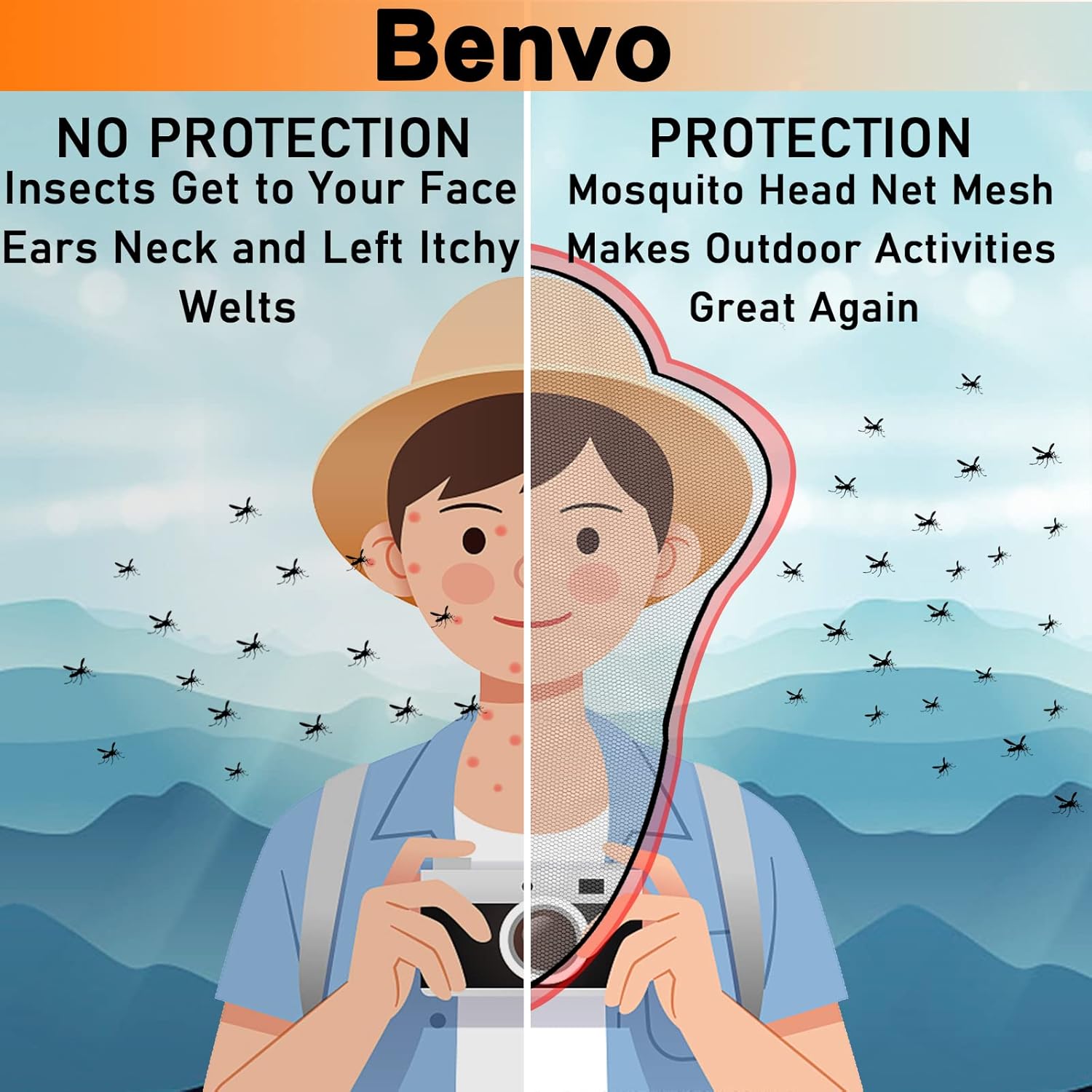 Mosquito Head Net Mesh, Face Neck Fly Netting Hood from Bugs Gnats Noseeums Screen Net for Any Outdoor Lover- with Carry Bags Fits Most Sizes of Hats Caps (2pcs, Grey, Updated Big Net) - Image 5