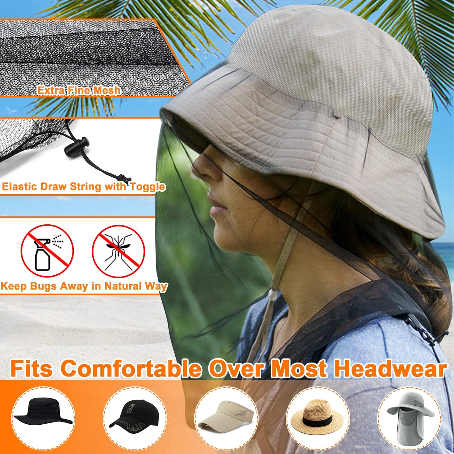 Mosquito Head Net Mesh, Face Neck Fly Netting Hood from Bugs Gnats Noseeums Screen Net for Any Outdoor Lover- with Carry Bags Fits Most Sizes of Hats Caps (2pcs, Black and Grey, Updated Big Net) - Image 3