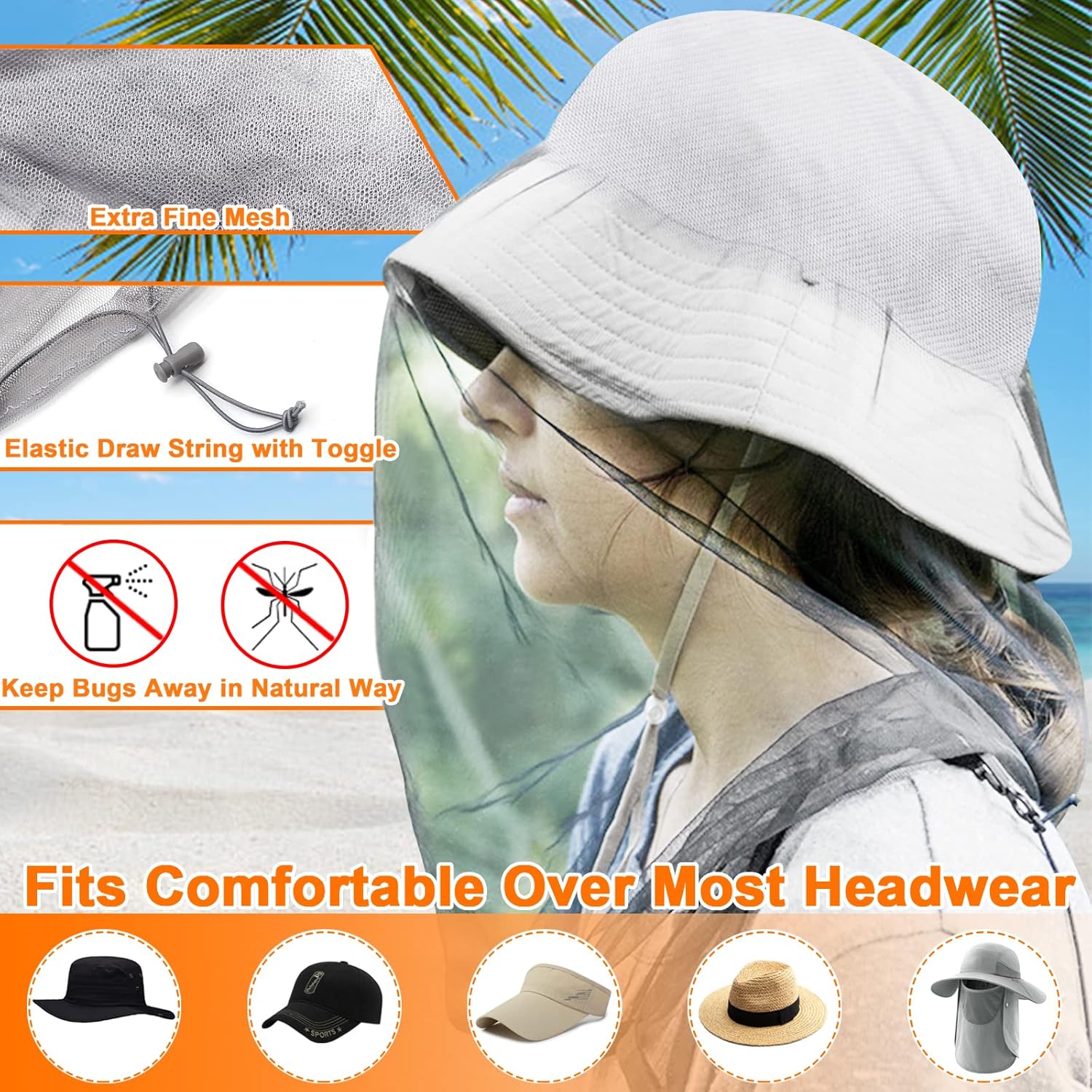 Mosquito Head Net Mesh, Face Neck Fly Netting Hood from Bugs Gnats Noseeums Screen Net for Any Outdoor Lover- with Carry Bags Fits Most Sizes of Hats Caps (2pcs, Light Grey, Updated Big Net) - Image 3