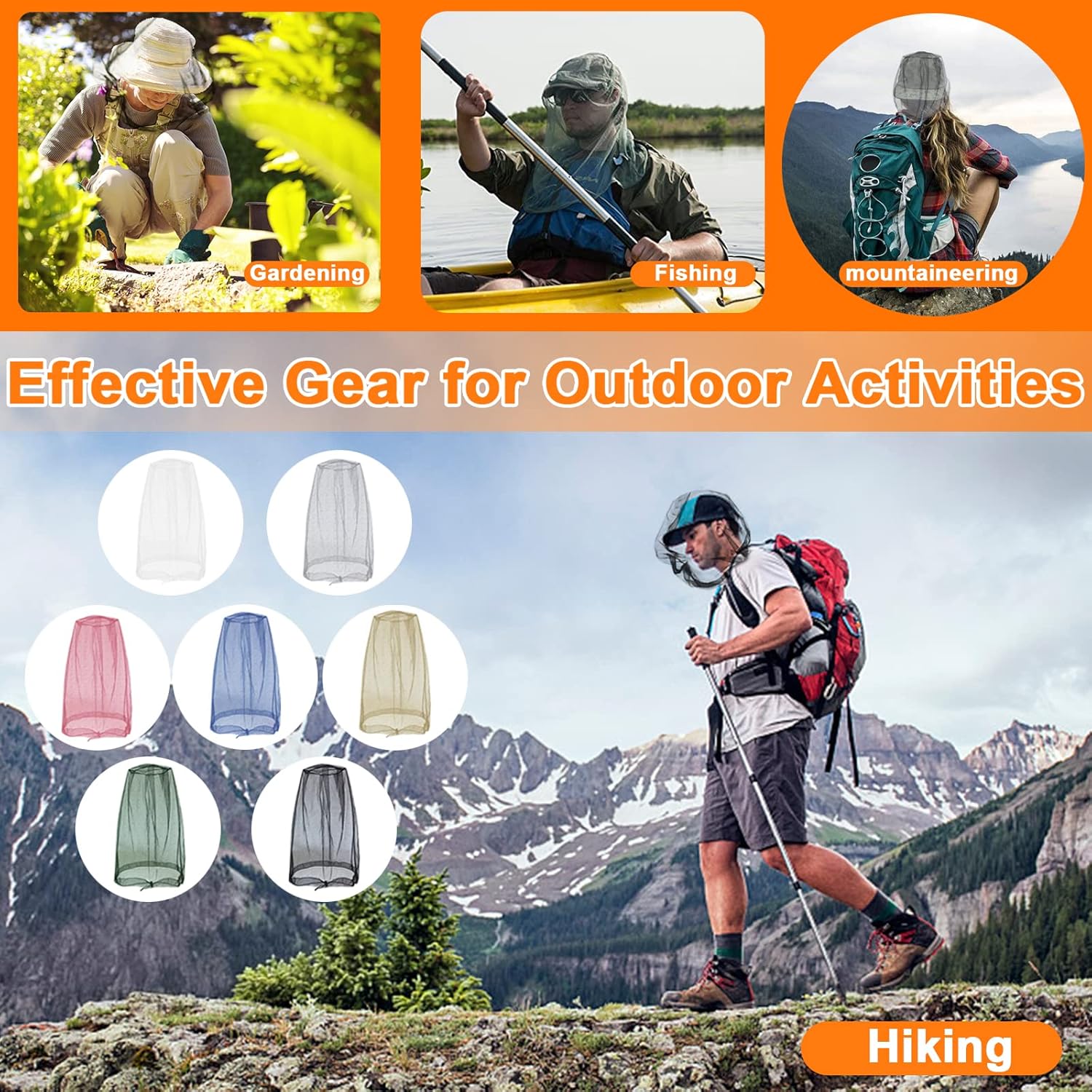 Mosquito Head Net Mesh, Face Neck Fly Netting Hood from Bugs Gnats Noseeums Screen Net for Any Outdoor Lover- with Carry Bags Fits Most Sizes of Hats Caps (2pcs, Light Grey, Updated Big Net) - Image 6