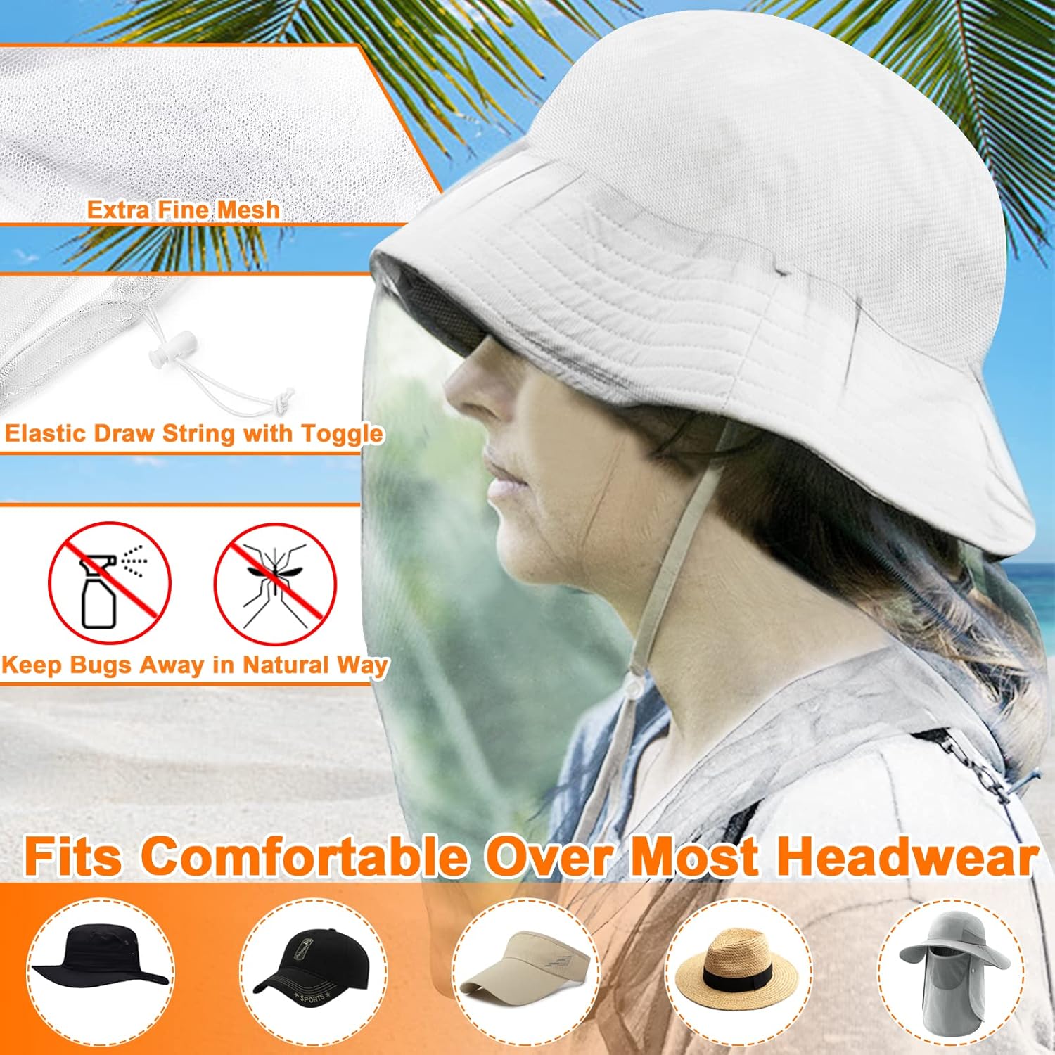 Mosquito Head Net, Face Neck Fly Netting Hood from Bugs Gnats Noseeums Screen for Any Outdoor Lover - with Carry Bags Fits Most Sizes of Hats Caps (2pcs, White, Updated Big Mesh) - Image 3