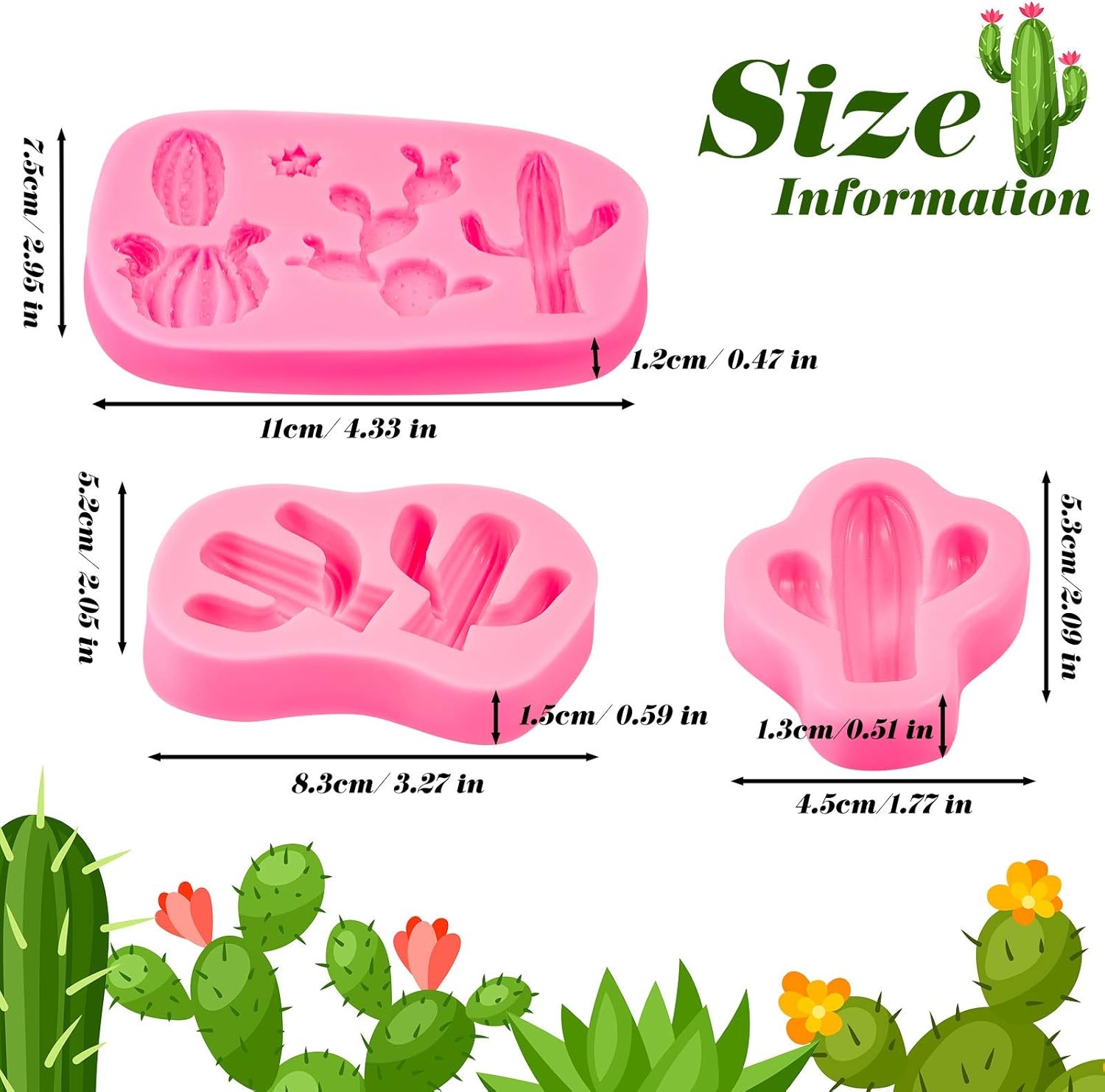3 Pieces Cactus Silicone Fondant Moulds Cacti Hawaiian Cake Moulds Set for Making Sugar Chocolate Candy Gum Paste Cupcake Cake Decoration Supplies - Image 2