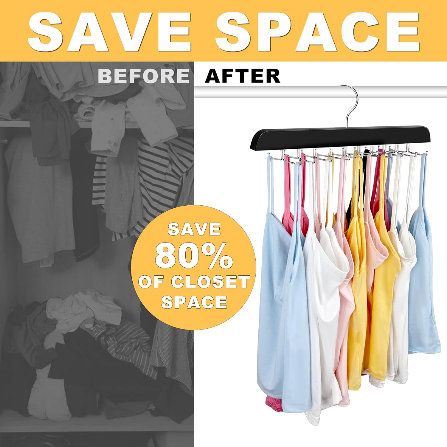 Tank Top Hanger with Premium Wood, 24 Large Capacity, Space Saving,360 Degree Rotating, Foldable Metal Hooks, Tank Tops - Image 4