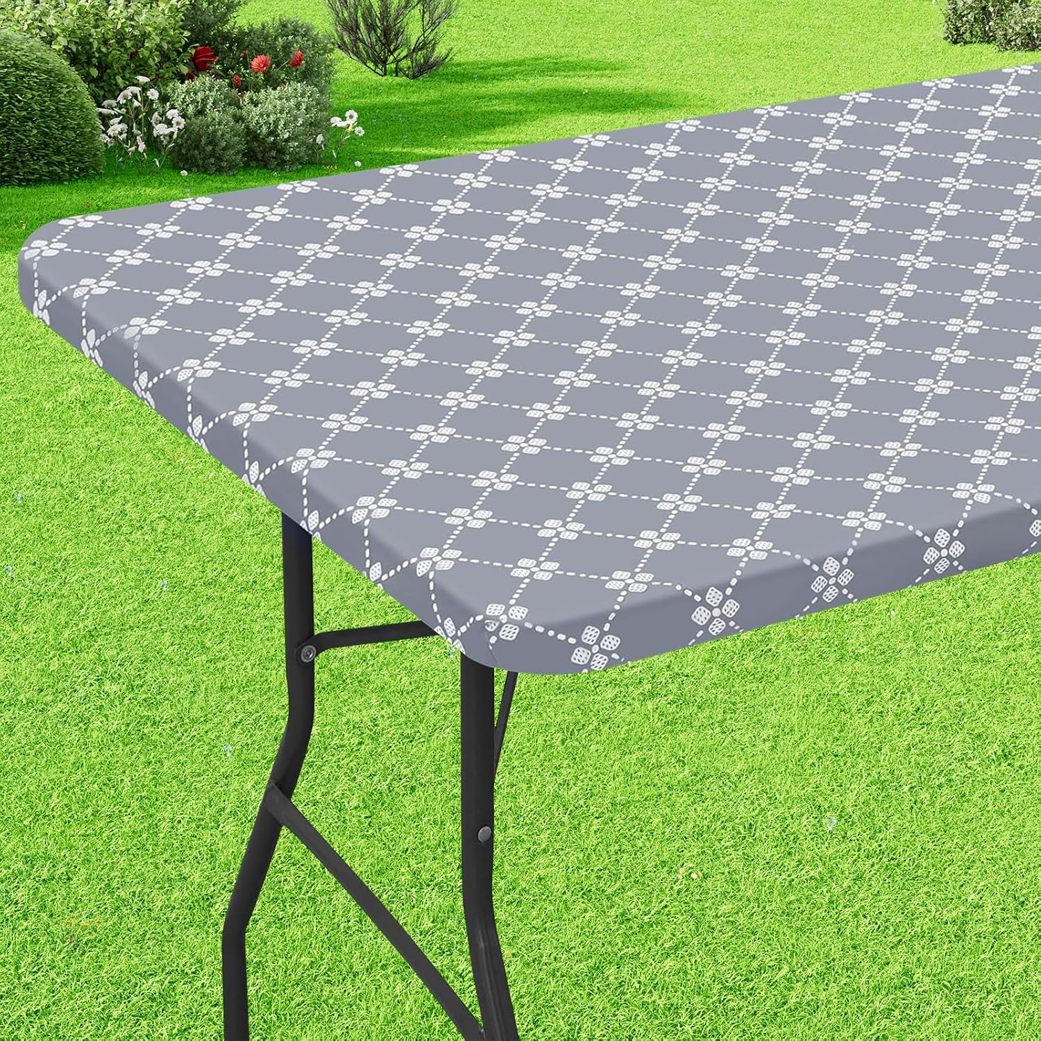 Rectangle Vinyl Table Cloth, Elastic Fitted Tablecloth with Flannel Backing, Waterproof Plastic Table Cover Fits 6 Foot Folding Tables for Easter, Camping, Indoor and Outdoor (Grey, 30