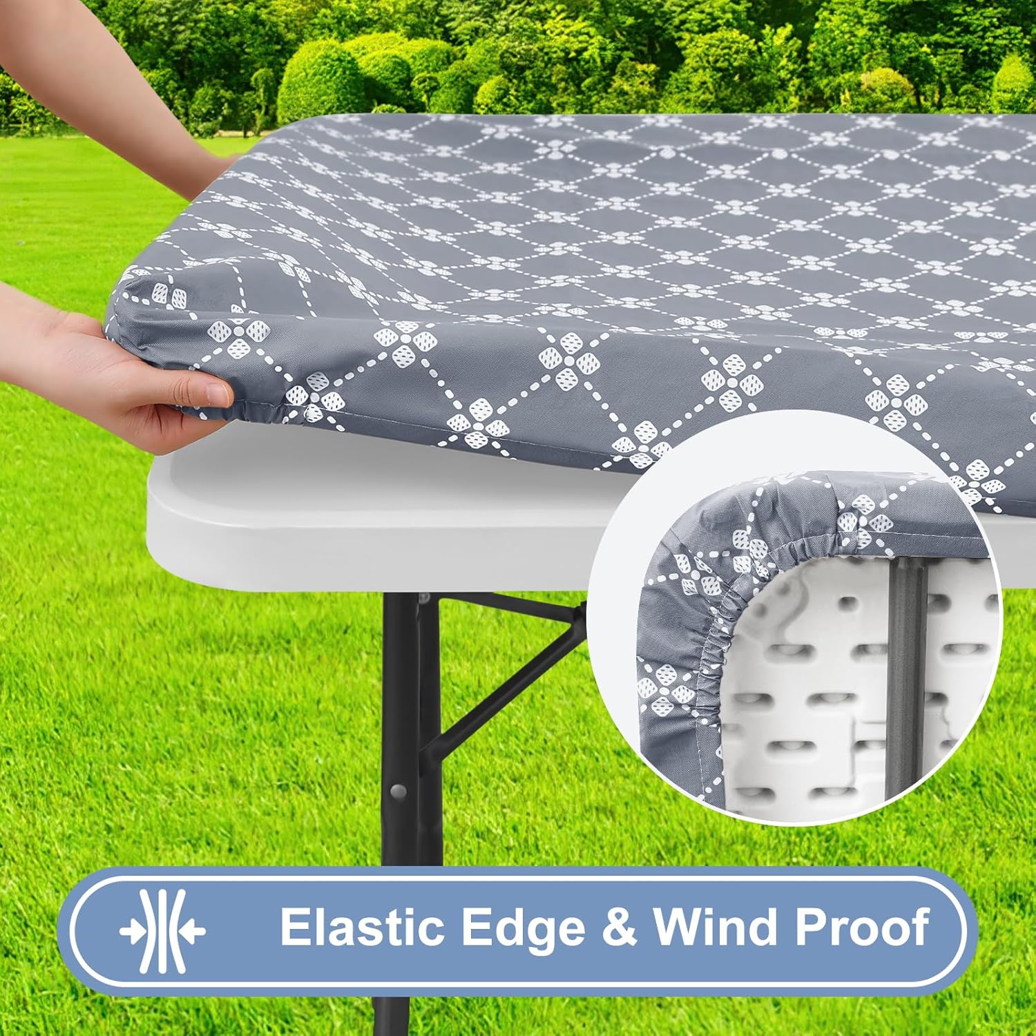 Rectangle Vinyl Table Cloth, Elastic Fitted Tablecloth with Flannel Backing, Waterproof Plastic Table Cover Fits 6 Foot Folding Tables for Easter, Camping, Indoor and Outdoor (Grey, 30
