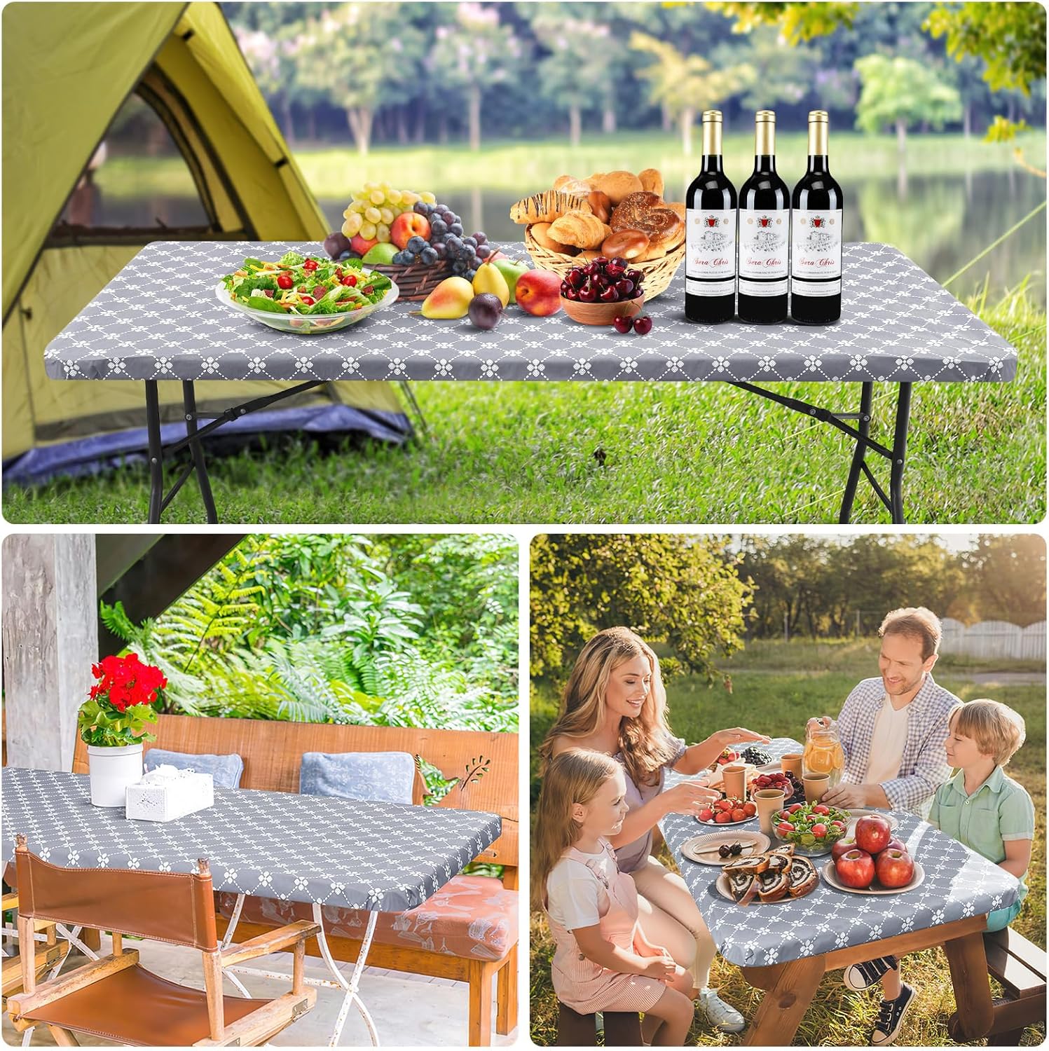 Rectangle Vinyl Table Cloth, Elastic Fitted Tablecloth with Flannel Backing, Waterproof Plastic Table Cover Fits 6 Foot Folding Tables for Easter, Camping, Indoor and Outdoor (Grey, 30