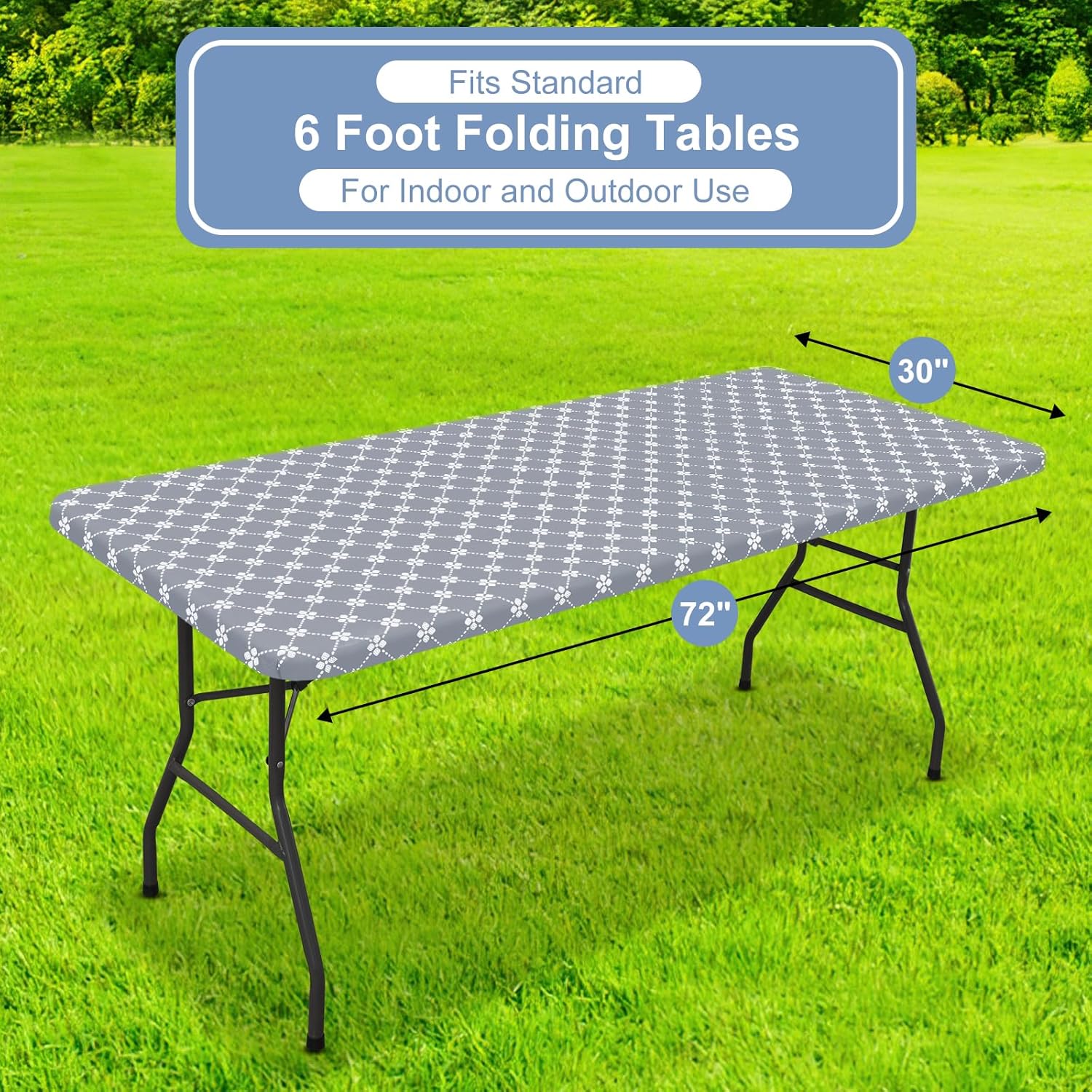 Rectangle Vinyl Table Cloth, Elastic Fitted Tablecloth with Flannel Backing, Waterproof Plastic Table Cover Fits 6 Foot Folding Tables for Easter, Camping, Indoor and Outdoor (Grey, 30