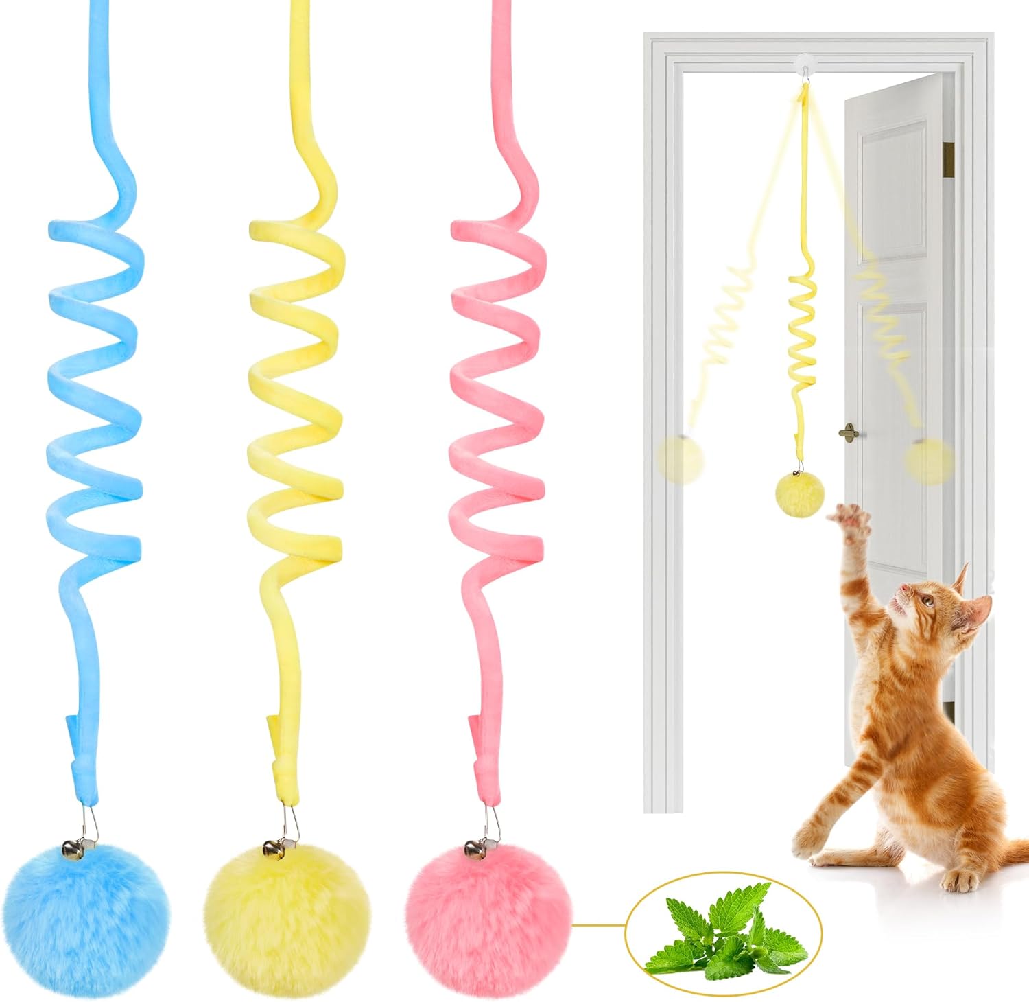 Hanging Fluffy Cat Catnip Ball Toys 3 Pcs with Bell, Interactive Cat Teaser Retractable Toys Indoor Kitten Play Chase Exercise Physical Stimulation - Image 1
