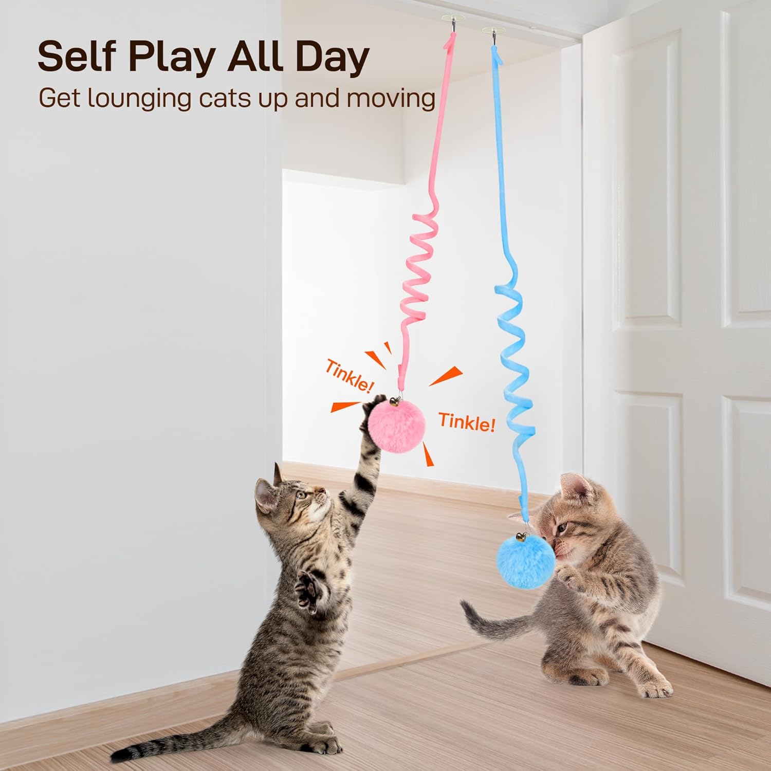 Hanging Fluffy Cat Catnip Ball Toys 3 Pcs with Bell, Interactive Cat Teaser Retractable Toys Indoor Kitten Play Chase Exercise Physical Stimulation - Image 2