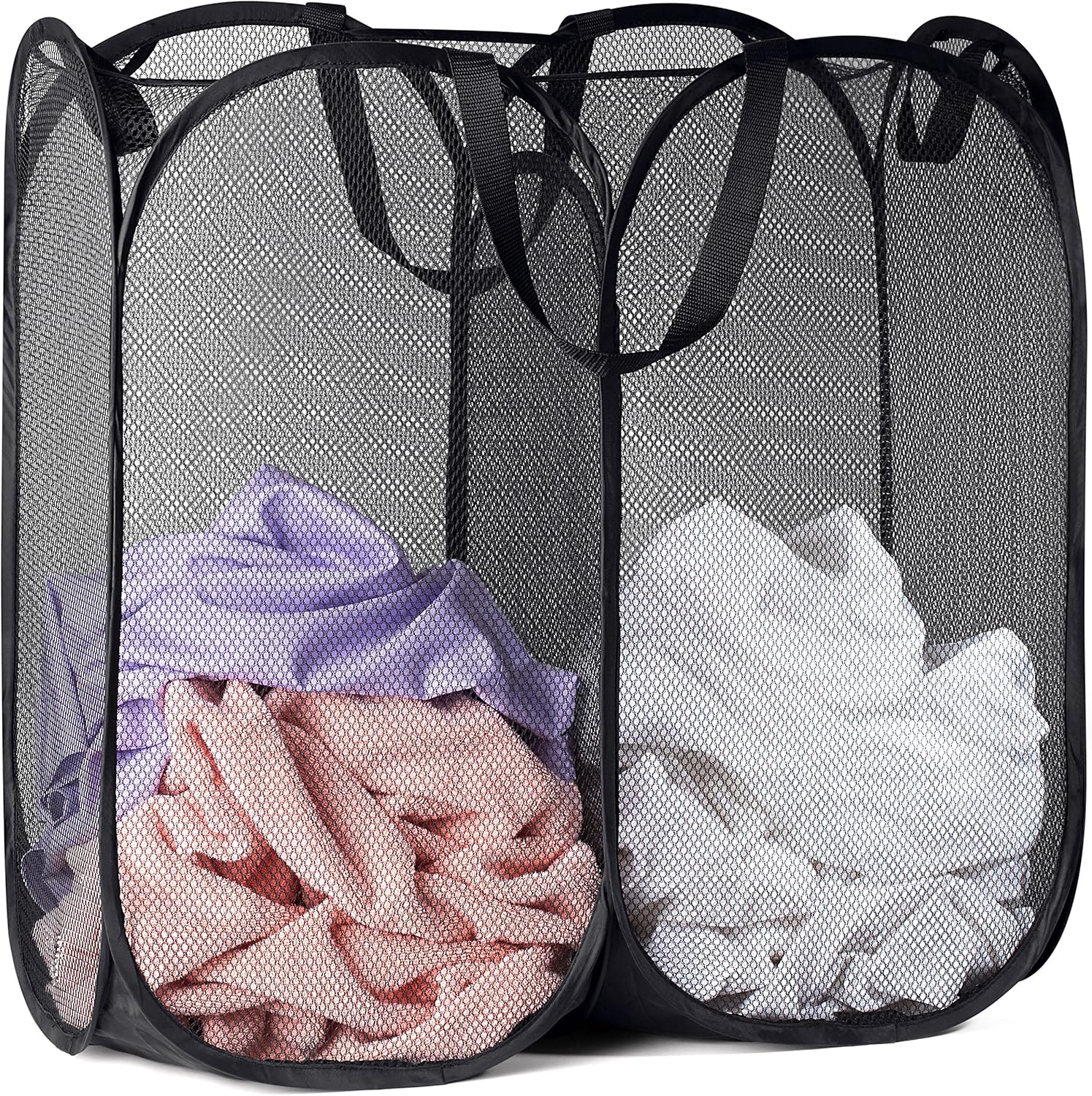 Mesh Popup Hamper - Two Compartments, Collapsible for Storage and Easy to Open. Folding Pop-Up Clothes are Great for The Kids Room, College Dorm or Travel. (Black) - Image 1