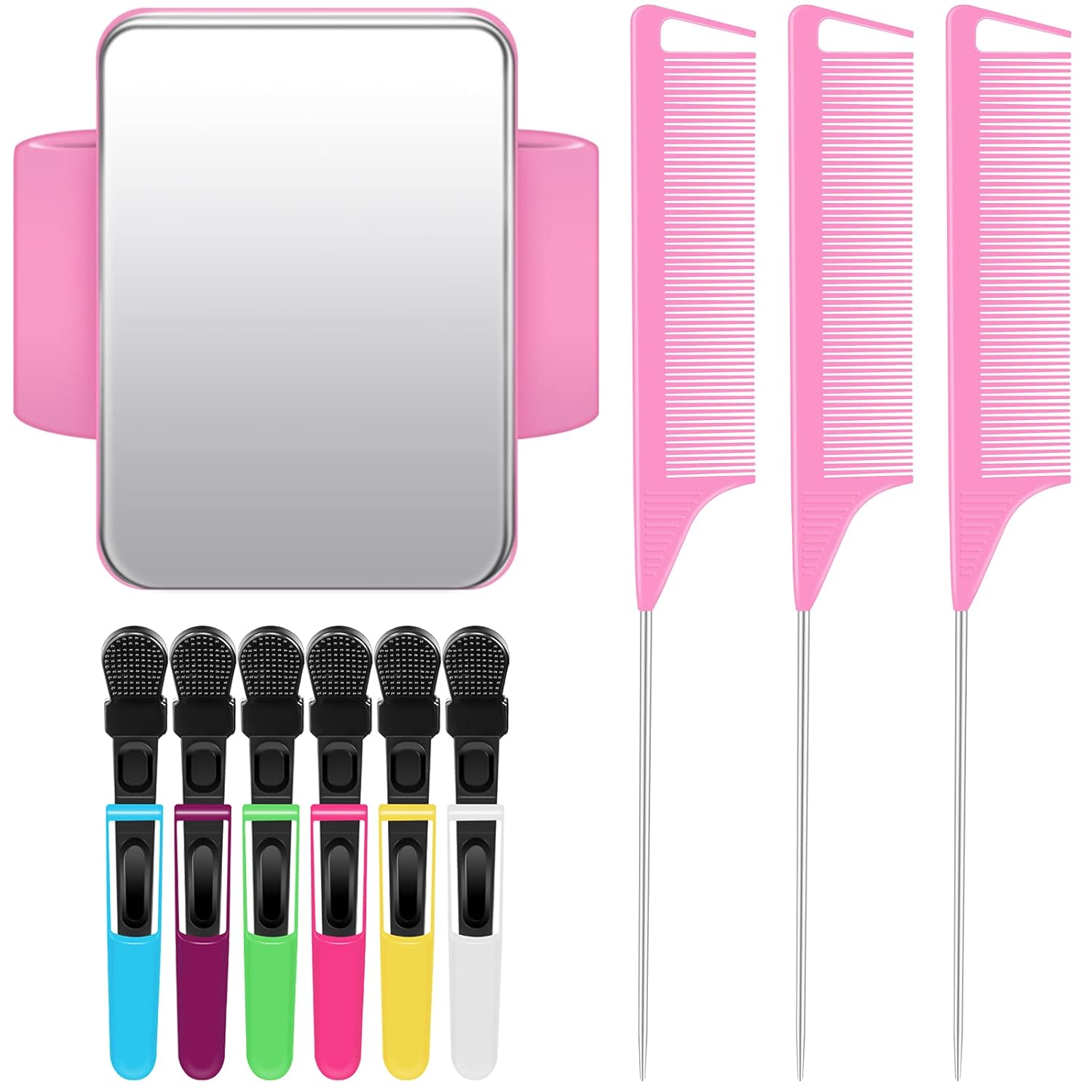 10 Pcs Hair Styling Tools Set Magnetic Gel & Silicone Wristband for Stylists and Braiders, Wrist Strap, 3 Rat Tail Combs and 6 Plastic Clips(Pink Wrist Strap) - Image 1