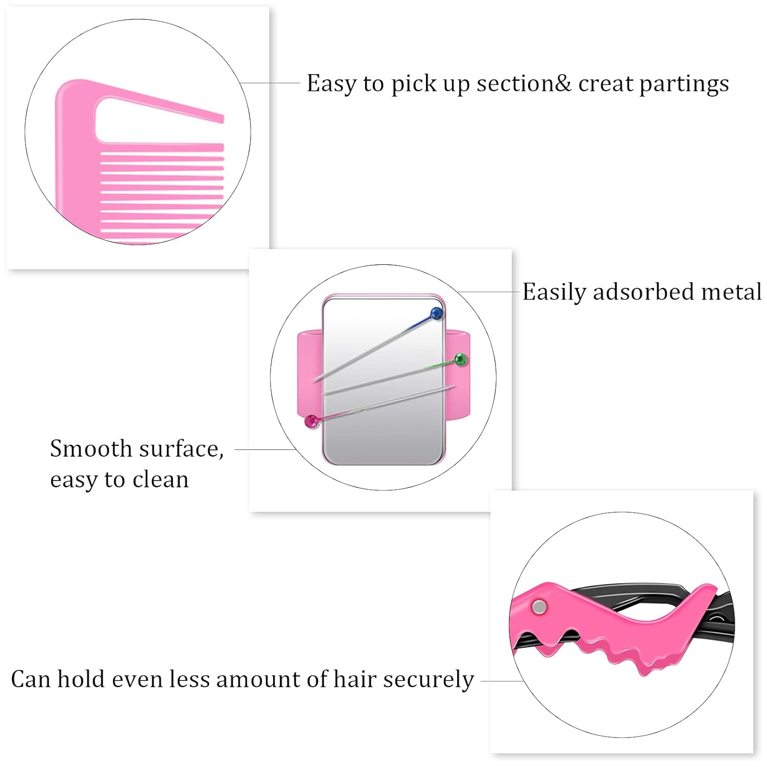 10 Pcs Hair Styling Tools Set Magnetic Gel & Silicone Wristband for Stylists and Braiders, Wrist Strap, 3 Rat Tail Combs and 6 Plastic Clips(Pink Wrist Strap) - Image 4