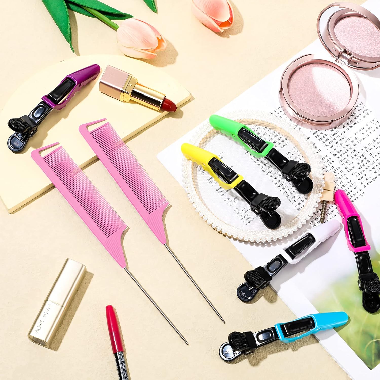10 Pcs Hair Styling Tools Set Magnetic Gel & Silicone Wristband for Stylists and Braiders, Wrist Strap, 3 Rat Tail Combs and 6 Plastic Clips(Pink Wrist Strap) - Image 5
