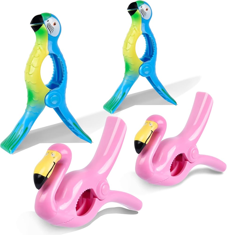 Beach Towel Clips,  Jumbo Size Towel Clips for Beach Chairs Cruise Pool Patio or Daily Use-Secure Hang Seal, Set of 4 (Flamingo Parrot) - Image 1