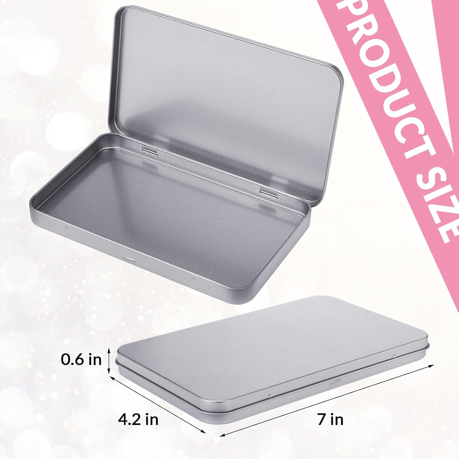 2 Pack Rectangular Metal Tin Box with Lid Metal Hinged Lid Tin Empty Box Container Storage for Watercolor Jewelry Pen Eraser Pill Candy Craft Organize 7.0 x 4.2 x 0.6'' (Sliver) - Image 2