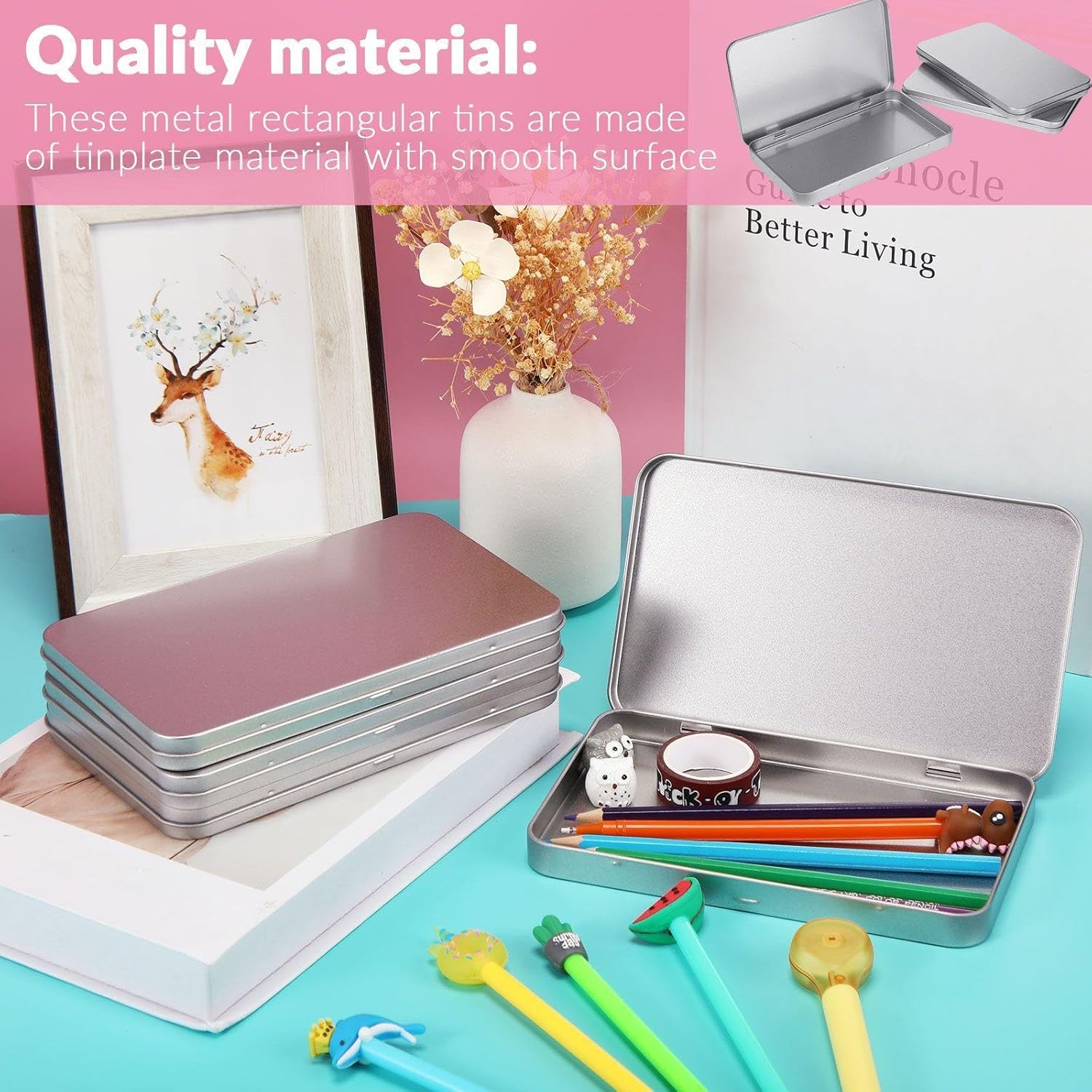 2 Pack Rectangular Metal Tin Box with Lid Metal Hinged Lid Tin Empty Box Container Storage for Watercolor Jewelry Pen Eraser Pill Candy Craft Organize 7.0 x 4.2 x 0.6'' (Sliver) - Image 3