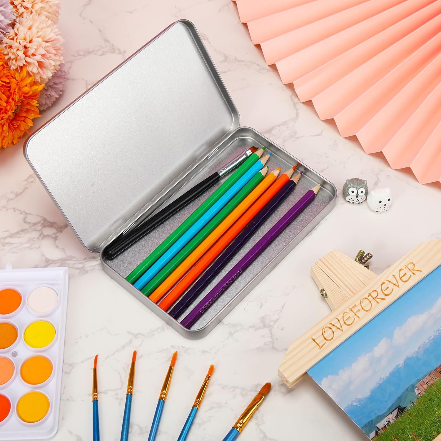 2 Pack Rectangular Metal Tin Box with Lid Metal Hinged Lid Tin Empty Box Container Storage for Watercolor Jewelry Pen Eraser Pill Candy Craft Organize 7.0 x 4.2 x 0.6'' (Sliver) - Image 4