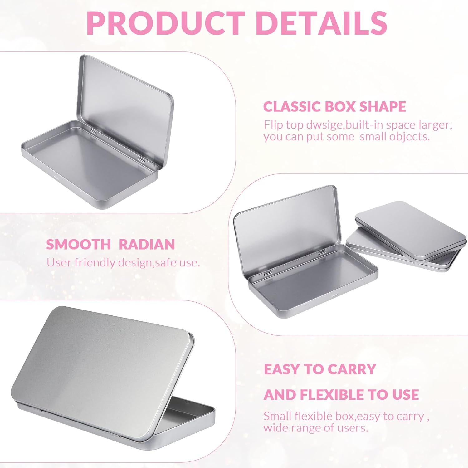 2 Pack Rectangular Metal Tin Box with Lid Metal Hinged Lid Tin Empty Box Container Storage for Watercolor Jewelry Pen Eraser Pill Candy Craft Organize 7.0 x 4.2 x 0.6'' (Sliver) - Image 5