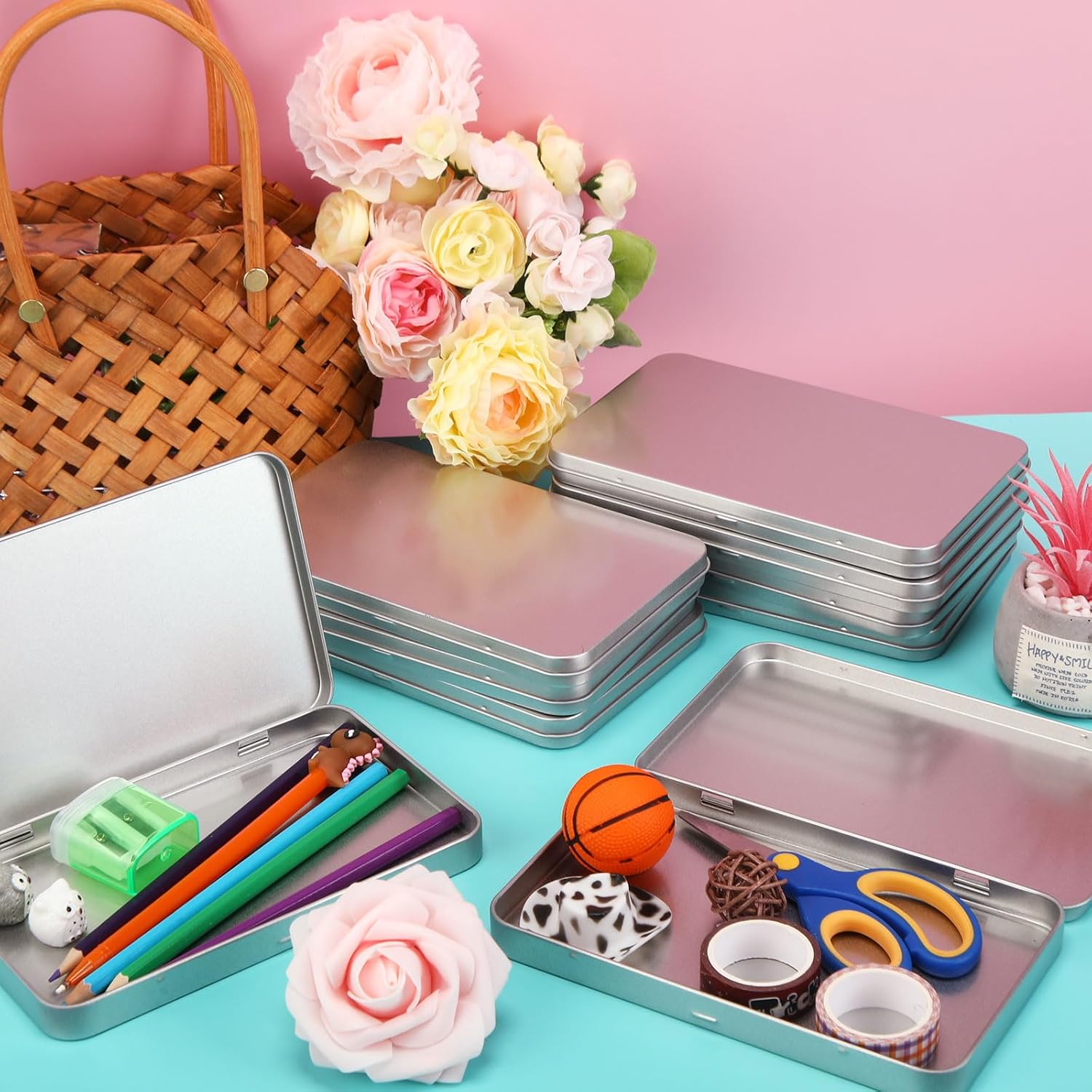 2 Pack Rectangular Metal Tin Box with Lid Metal Hinged Lid Tin Empty Box Container Storage for Watercolor Jewelry Pen Eraser Pill Candy Craft Organize 7.0 x 4.2 x 0.6'' (Sliver) - Image 7