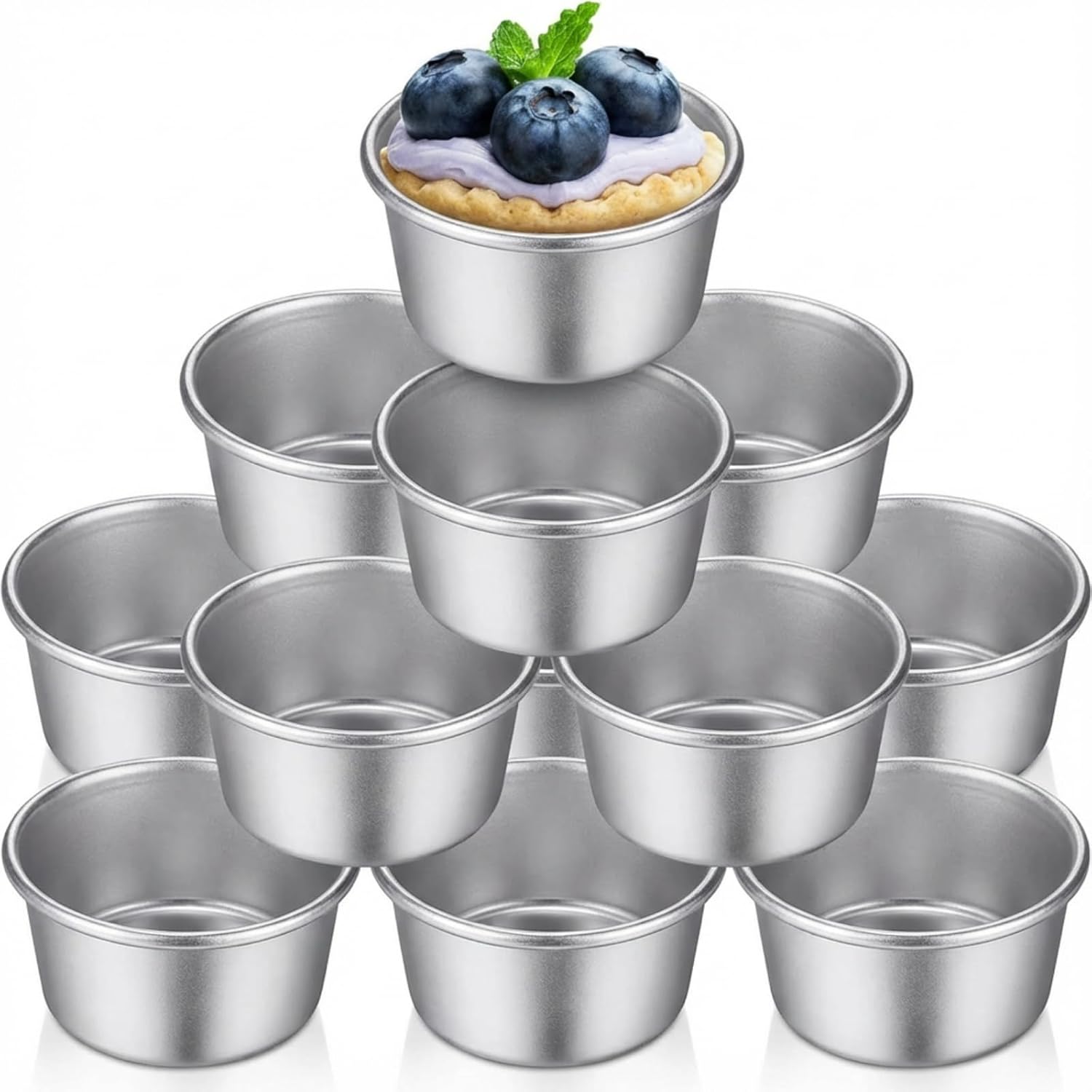 10 Pieces Individual Flan Molds Egg Tart Molds Pudding Cups Mini Chocolate Molten Pans Carbon Steel Cupcake Cake Cookie, Round Nonstick Popover Bakeware Tumblers(2.6 x 2 x 1.3 Inch) - Image 1