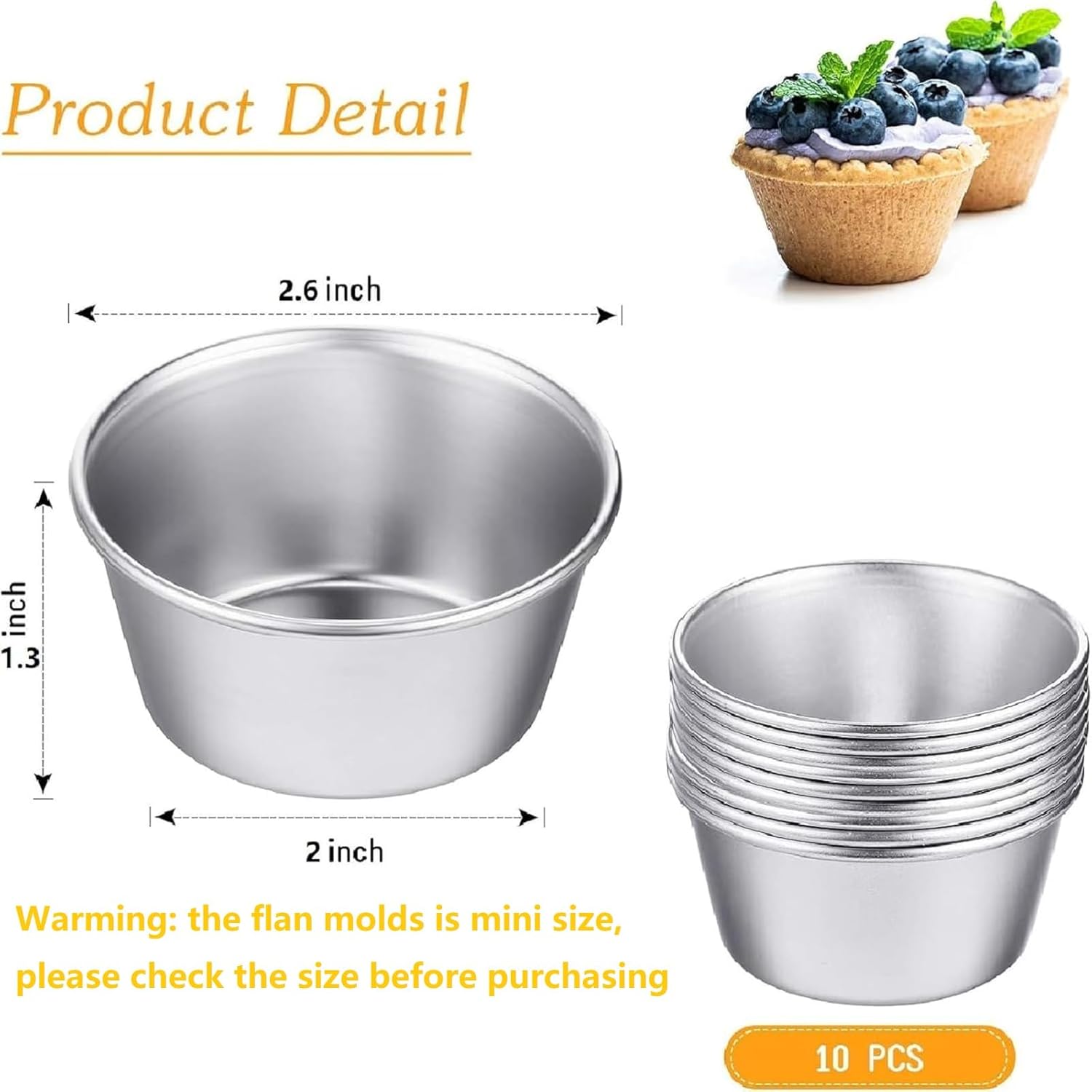 10 Pieces Individual Flan Molds Egg Tart Molds Pudding Cups Mini Chocolate Molten Pans Carbon Steel Cupcake Cake Cookie, Round Nonstick Popover Bakeware Tumblers(2.6 x 2 x 1.3 Inch) - Image 2