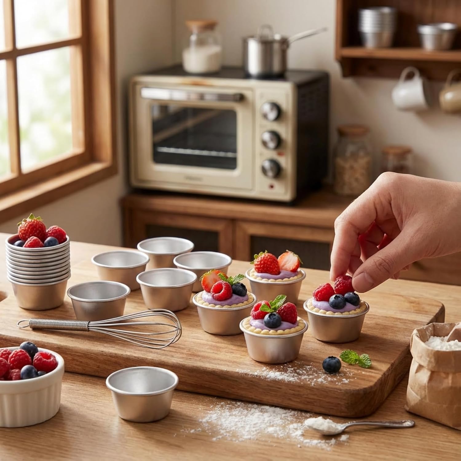 10 Pieces Individual Flan Molds Egg Tart Molds Pudding Cups Mini Chocolate Molten Pans Carbon Steel Cupcake Cake Cookie, Round Nonstick Popover Bakeware Tumblers(2.6 x 2 x 1.3 Inch) - Image 4