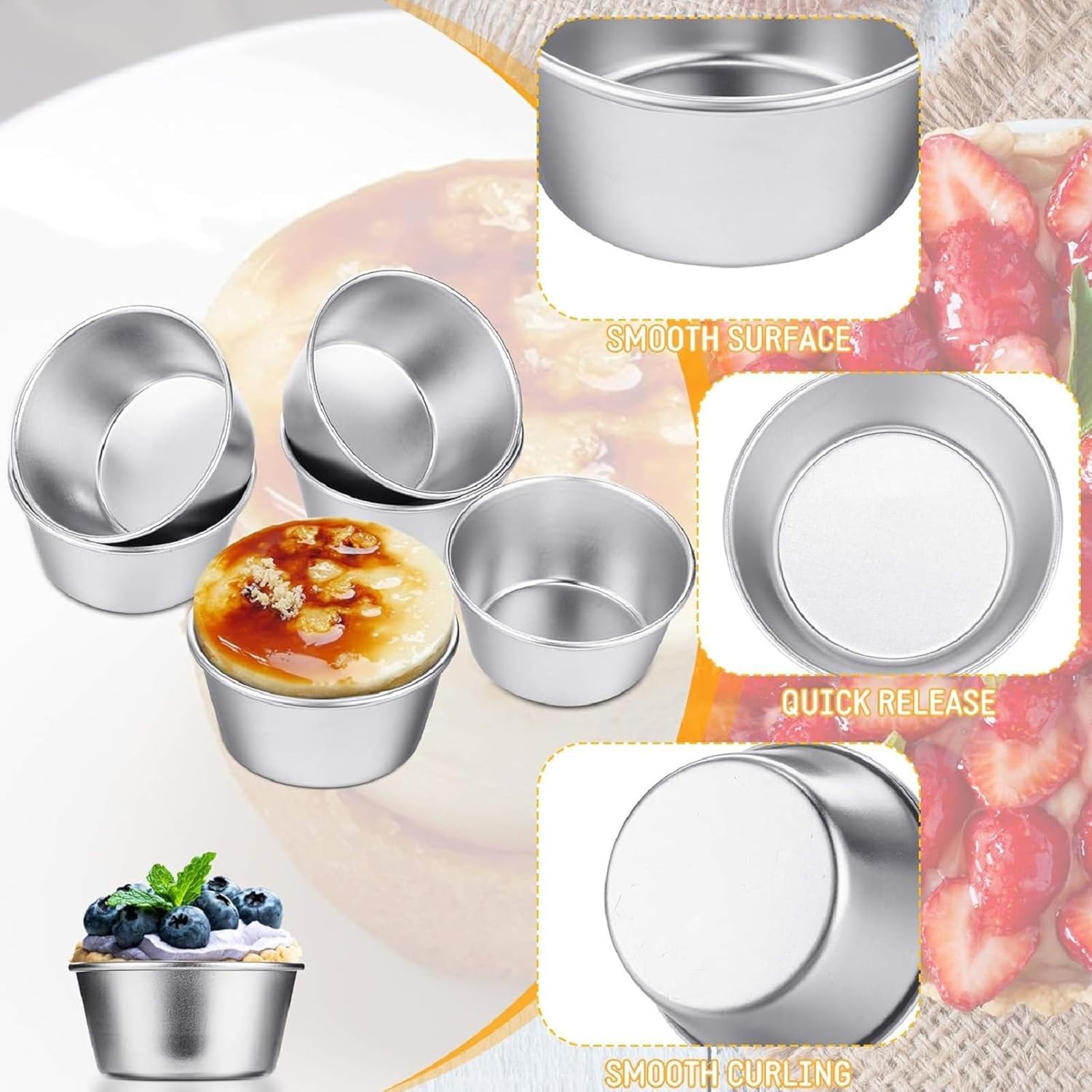 10 Pieces Individual Flan Molds Egg Tart Molds Pudding Cups Mini Chocolate Molten Pans Carbon Steel Cupcake Cake Cookie, Round Nonstick Popover Bakeware Tumblers(2.6 x 2 x 1.3 Inch) - Image 5