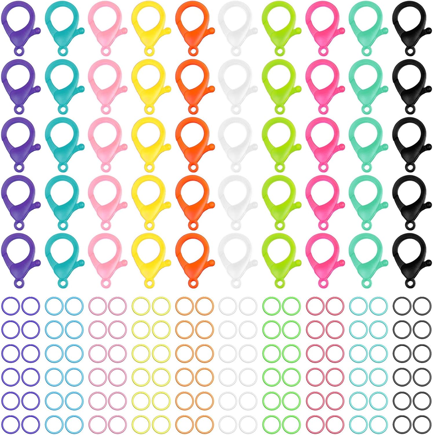 Multicolor Hard Plastic Clips Plastic Lobster Claw Clasps and Open Jump Rings, Cute Lanyard Snap Hooks for Key Chain Ring Chain Clasp DIY Handmade Crafts(100 Pieces) - Image 1