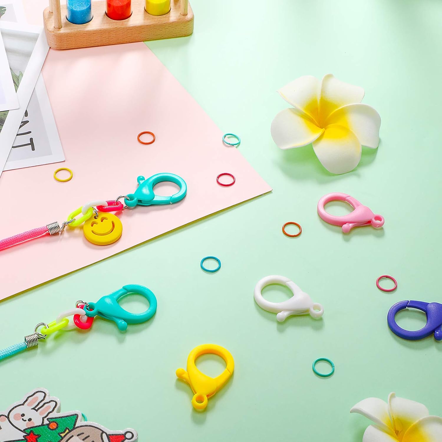 Multicolor Hard Plastic Clips Plastic Lobster Claw Clasps and Open Jump Rings, Cute Lanyard Snap Hooks for Key Chain Ring Chain Clasp DIY Handmade Crafts(100 Pieces) - Image 5