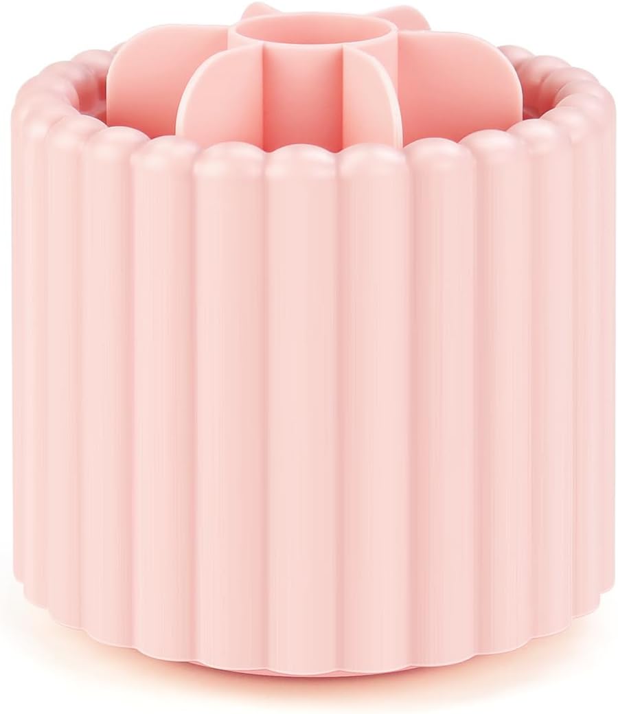 1 Pack 360° Rotating Makeup Brush Organizer, 7 Slot Make up Brush Holder for Vanity, Dresser, Desk (Pink) - Image 1