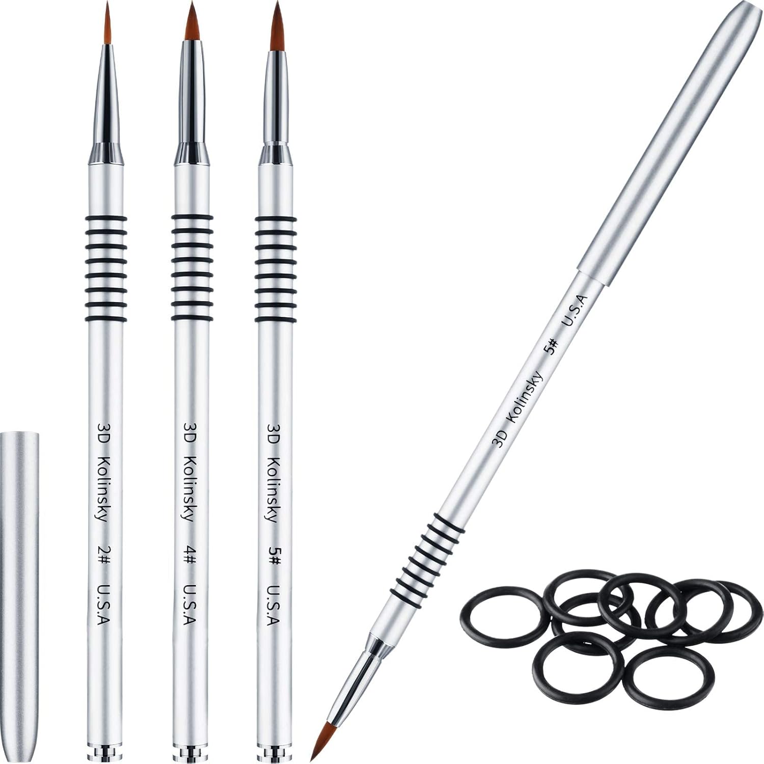 3 Pcs Kolinsky 3D Nail Art Brush Set Size 2/4/5 Acrylic Nail Art Brush with Silver Metal Nonslip Grip Handle Polish Cleaning Manicure Tools for Women Acrylic Sculpture Application - Image 1