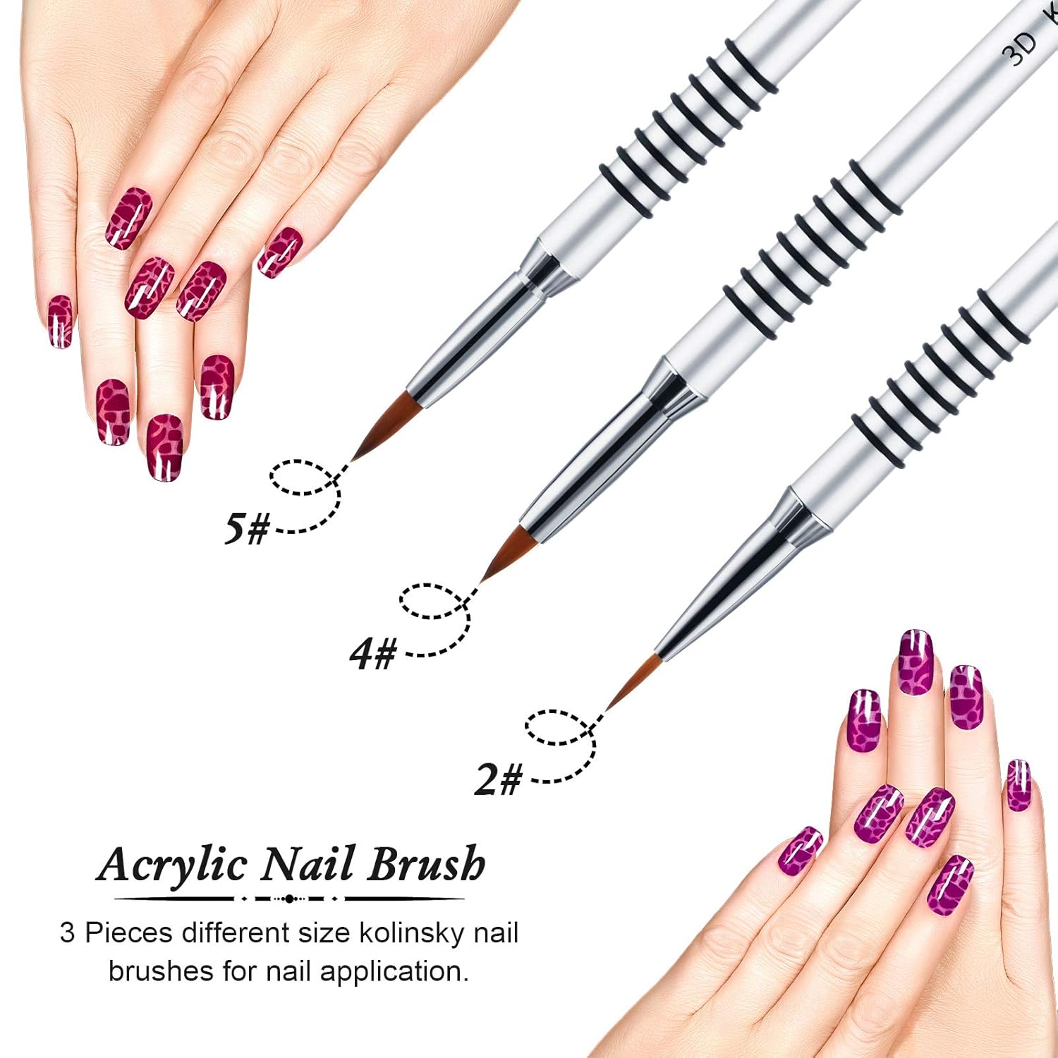 3 Pcs Kolinsky 3D Nail Art Brush Set Size 2/4/5 Acrylic Nail Art Brush with Silver Metal Nonslip Grip Handle Polish Cleaning Manicure Tools for Women Acrylic Sculpture Application - Image 2