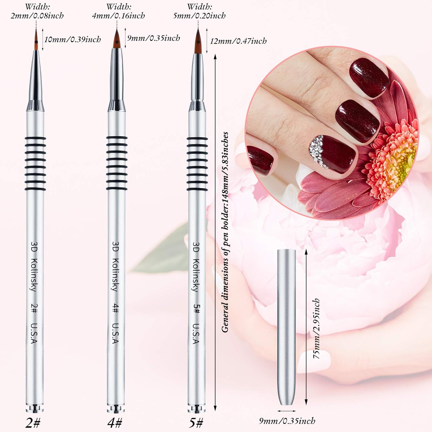 3 Pcs Kolinsky 3D Nail Art Brush Set Size 2/4/5 Acrylic Nail Art Brush with Silver Metal Nonslip Grip Handle Polish Cleaning Manicure Tools for Women Acrylic Sculpture Application - Image 3