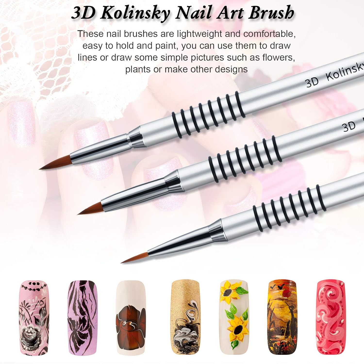 3 Pcs Kolinsky 3D Nail Art Brush Set Size 2/4/5 Acrylic Nail Art Brush with Silver Metal Nonslip Grip Handle Polish Cleaning Manicure Tools for Women Acrylic Sculpture Application - Image 4