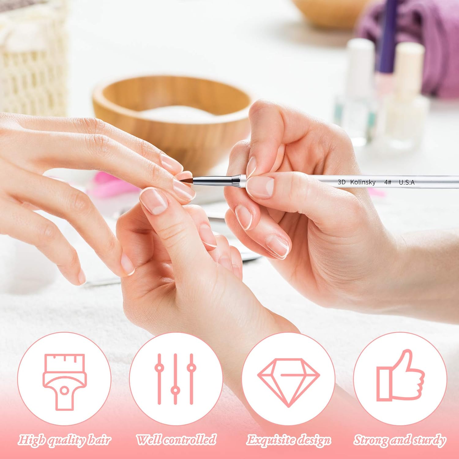 3 Pcs Kolinsky 3D Nail Art Brush Set Size 2/4/5 Acrylic Nail Art Brush with Silver Metal Nonslip Grip Handle Polish Cleaning Manicure Tools for Women Acrylic Sculpture Application - Image 5
