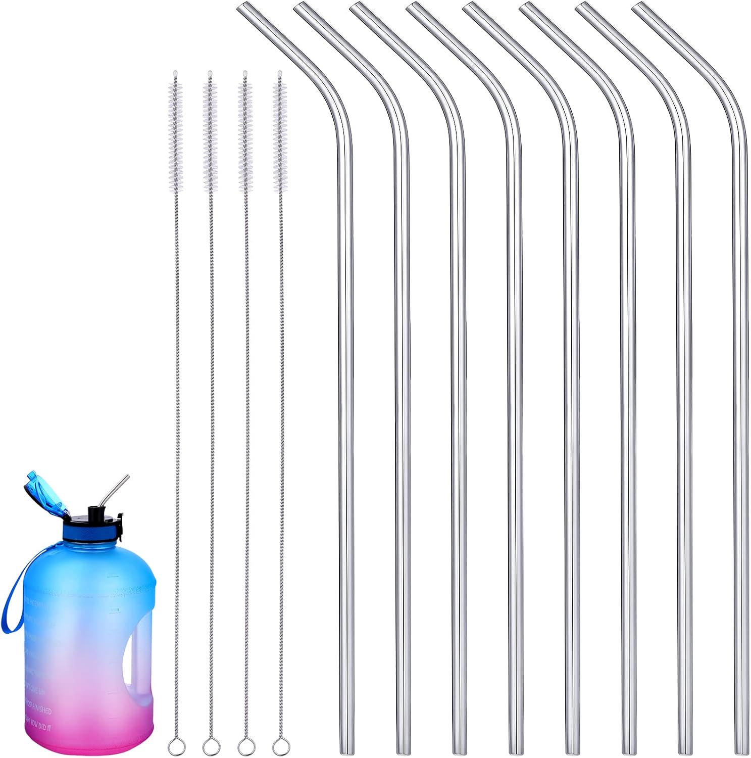 8 Pieces 14 Inch Reusable Stainless Steel Straws Long Drinking Straws for 100 oz Tumblers, Extra with 4 Pieces Cleaning Brush(Silver) - Image 1