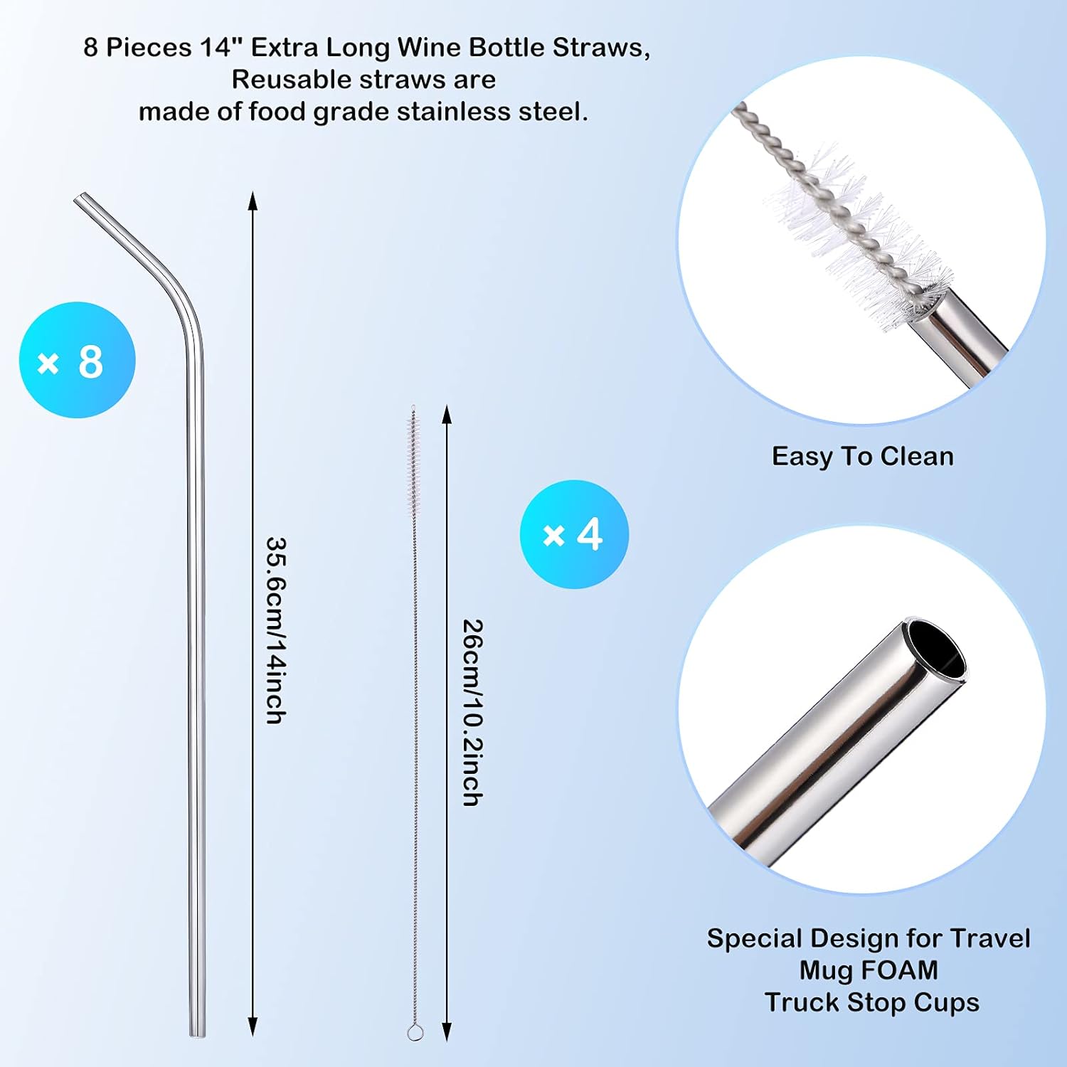 8 Pieces 14 Inch Reusable Stainless Steel Straws Long Drinking Straws for 100 oz Tumblers, Extra with 4 Pieces Cleaning Brush(Silver) - Image 2