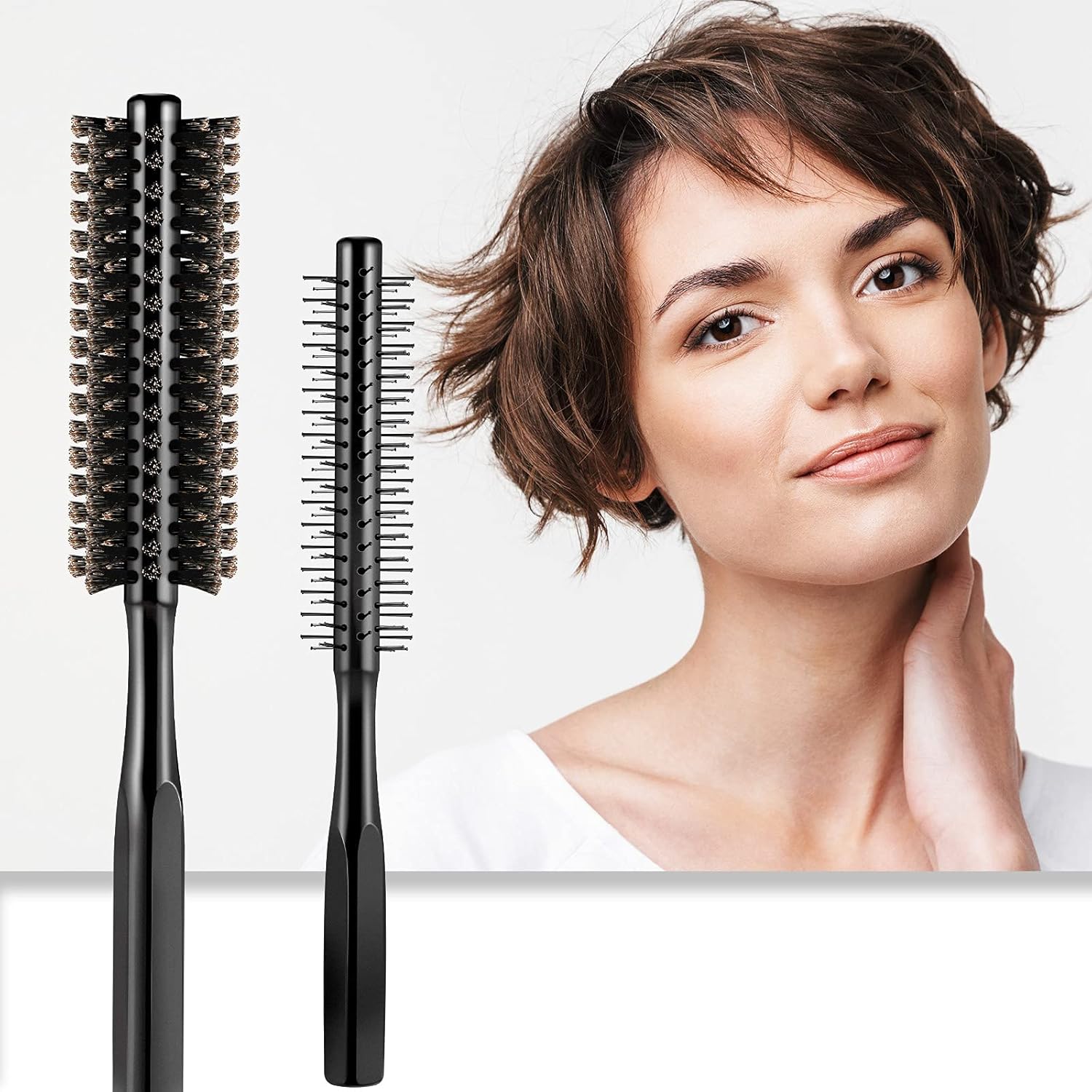 2 Pieces Thick Round Hair Comb Bristle Blow Drying Hairbrush Small Brush Short Hair Massage Comb Head Massage Round Brush Roll Hairbrush for Wet or Dry(Black) - Image 5