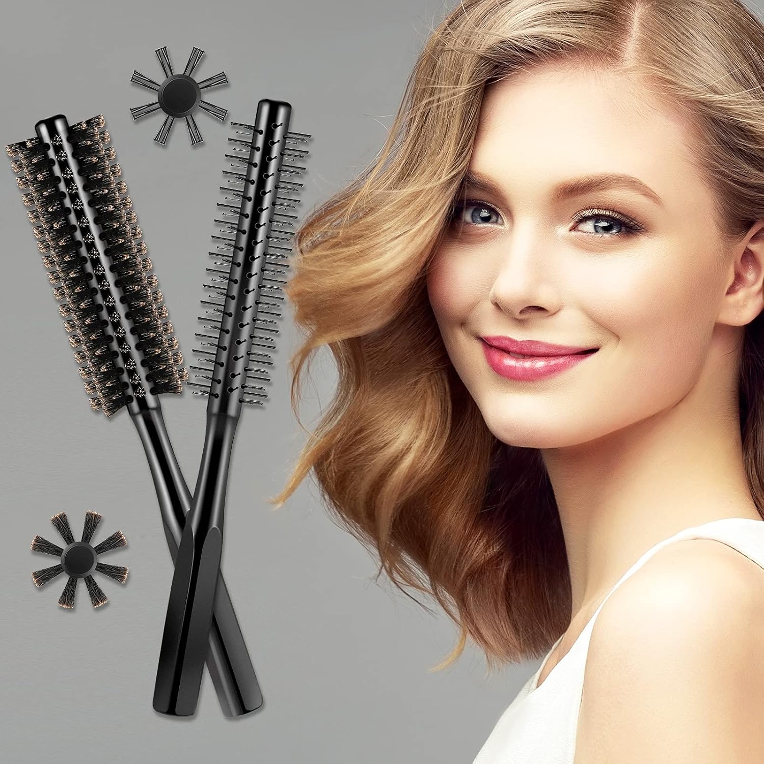 2 Pieces Thick Round Hair Comb Bristle Blow Drying Hairbrush Small Brush Short Hair Massage Comb Head Massage Round Brush Roll Hairbrush for Wet or Dry(Black) - Image 6