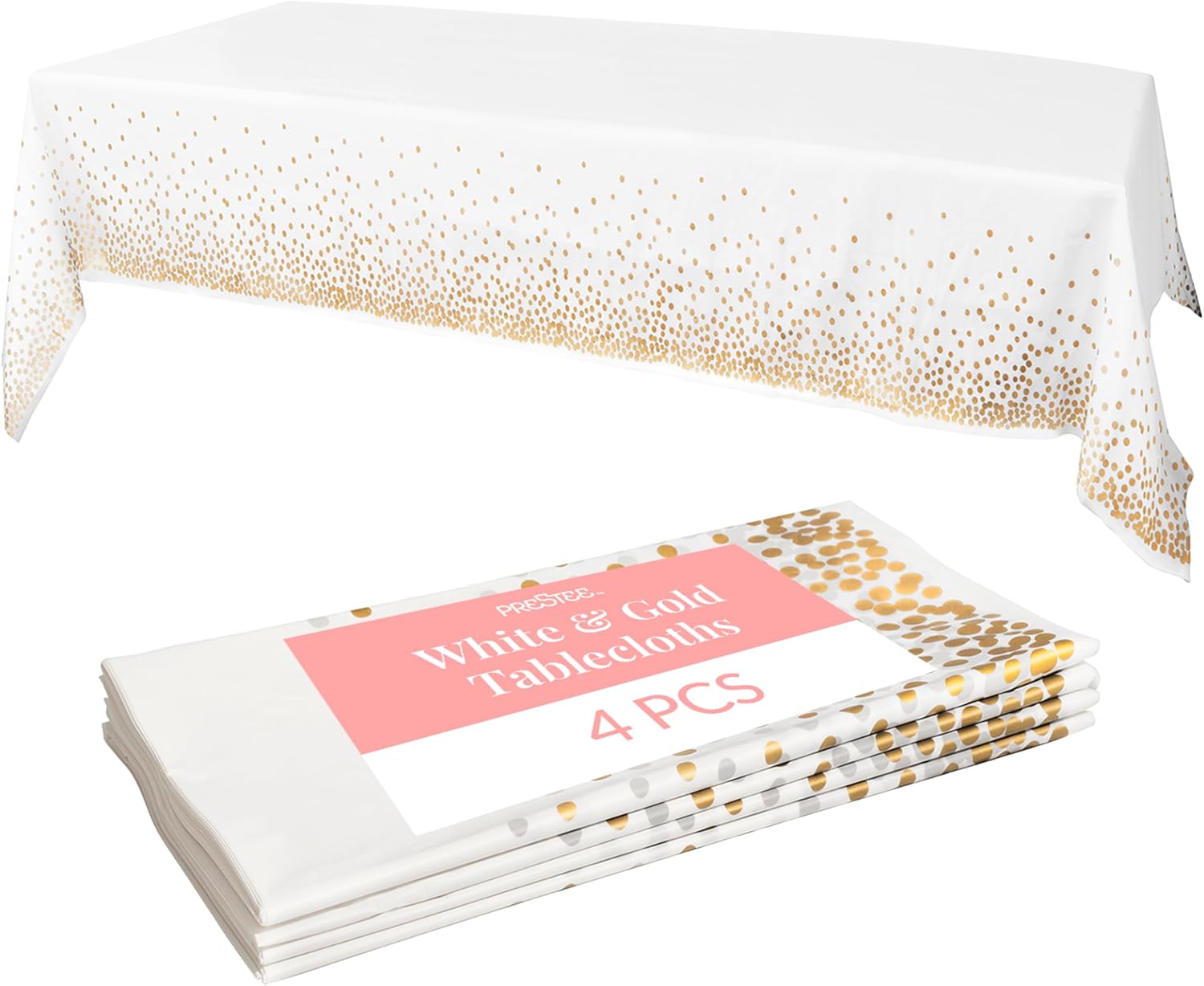 White and Gold Tablecloths, 4pk, 54x108 Inches - Party Table Cloths Disposable - Gold Dot Disposable Tablecloths - Plastic Table Cloth - Engagement Party Decorations, Baptism Decorations - Image 1