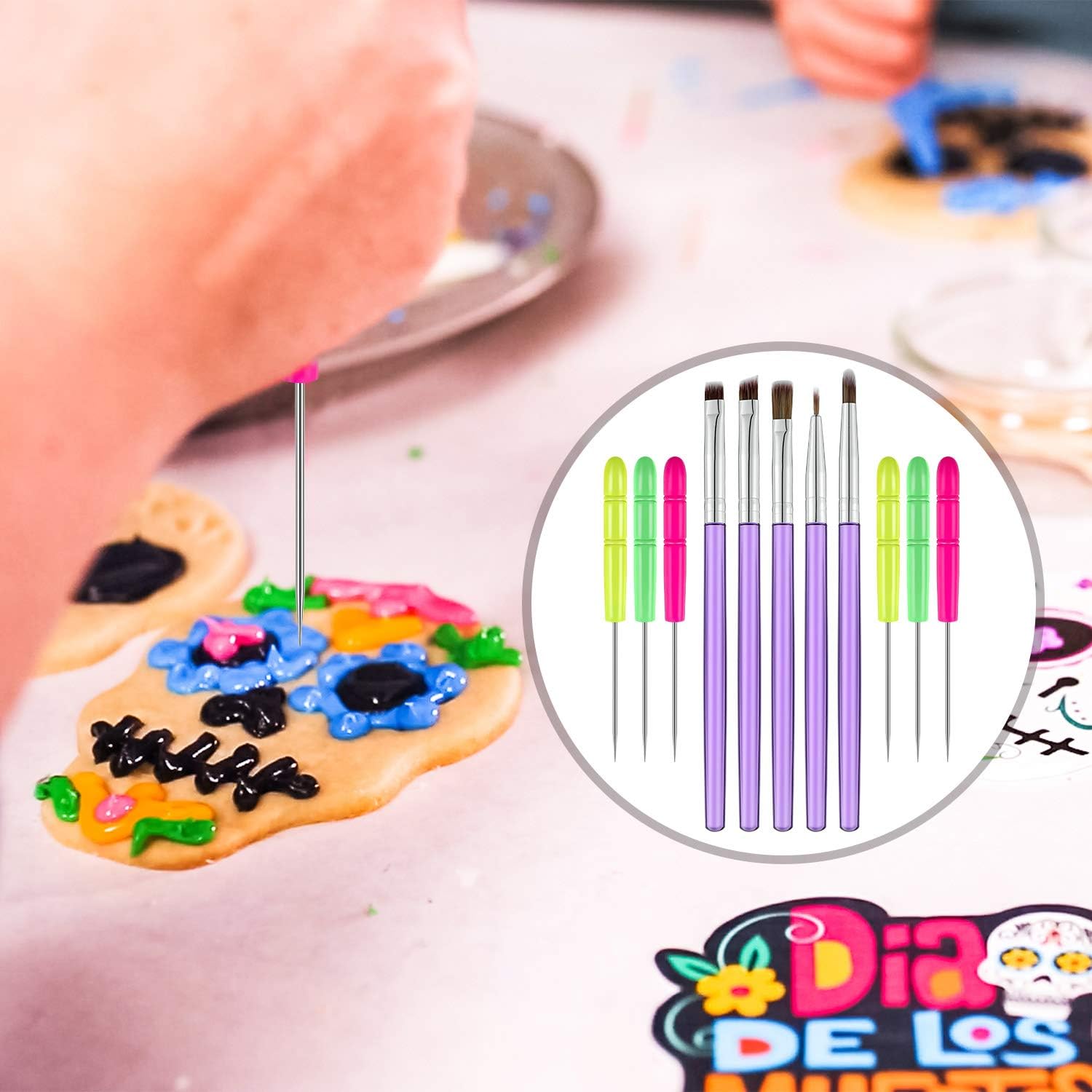 15 Pcs Decorating Brushes Tool Set, Include Cookie Pastry Brush Cookie Scriber Needles Sugar Stir Needles Elbow and Straight Tweezers for Biscuit Cake Fondant Decor Supplies(Purple) - Image 4