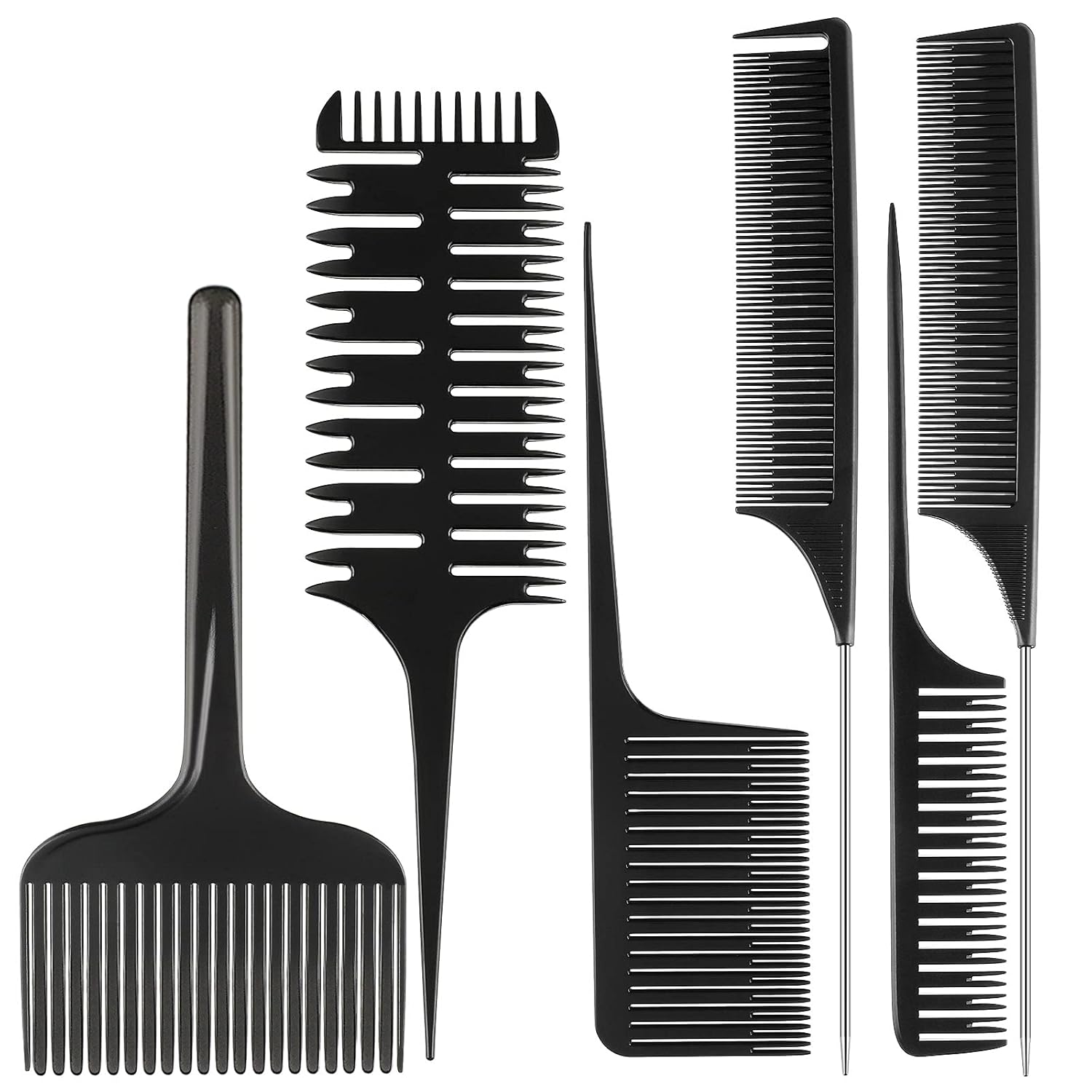 6 Pcs Highlighting Hair Combs Set, 3-way Hair Sectioning, Dyeing, Rat Tail Lifting Comb for Weaving Foiling Sectioning Coloring, Black - Image 1