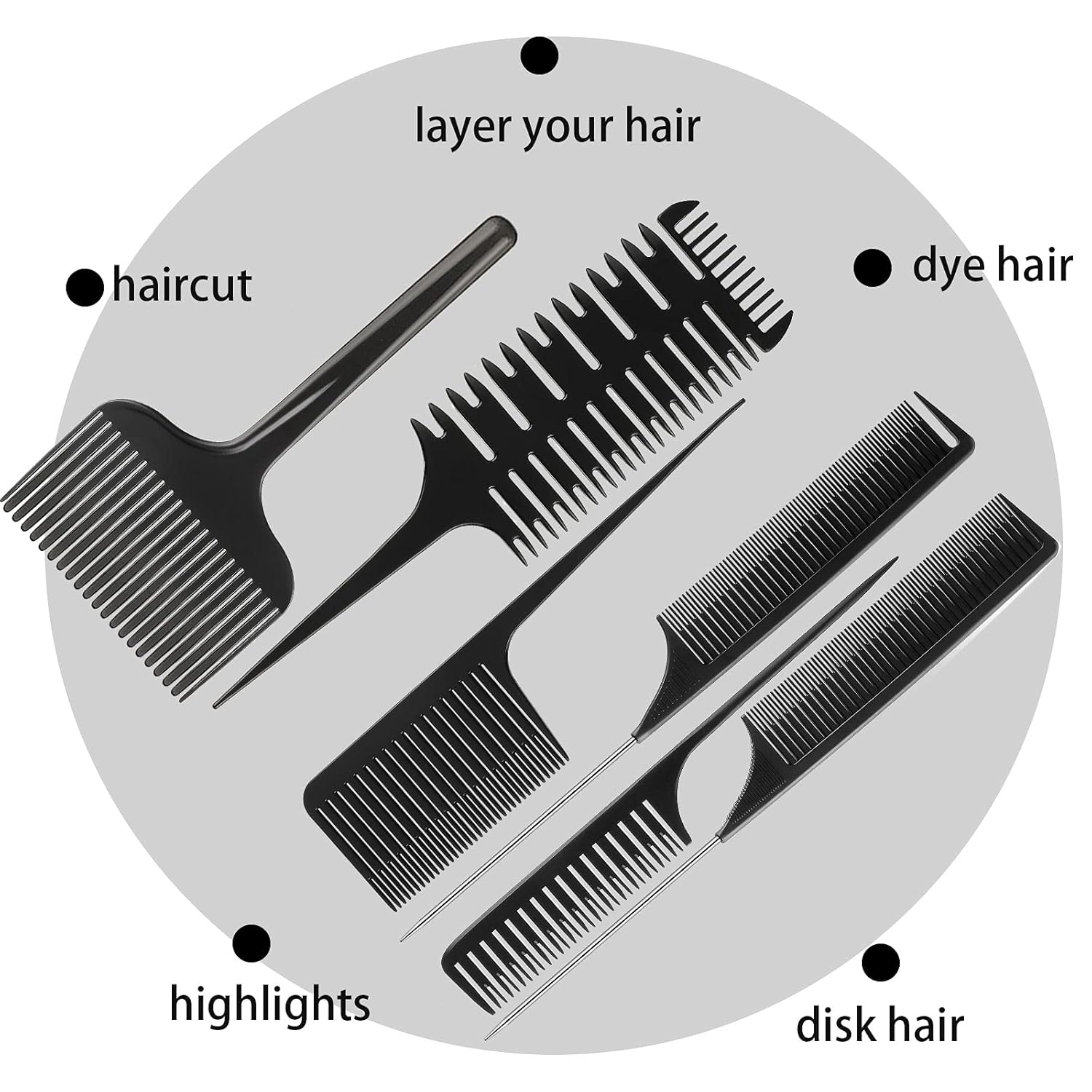 6 Pcs Highlighting Hair Combs Set, 3-way Hair Sectioning, Dyeing, Rat Tail Lifting Comb for Weaving Foiling Sectioning Coloring, Black - Image 7